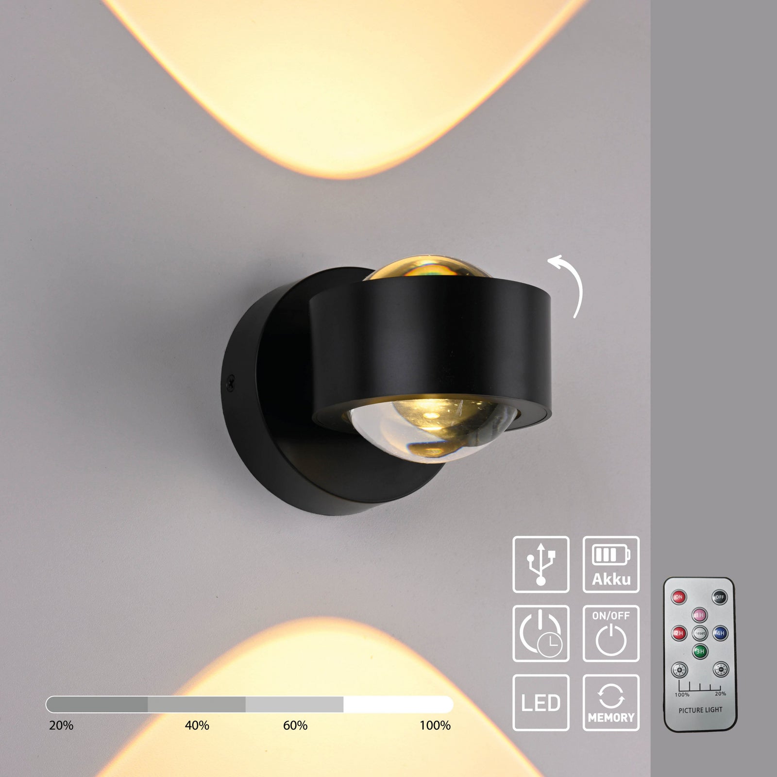 LED vegglampe Chia oppladbar dimbar med fjernkontroll svart monteringsdetalj