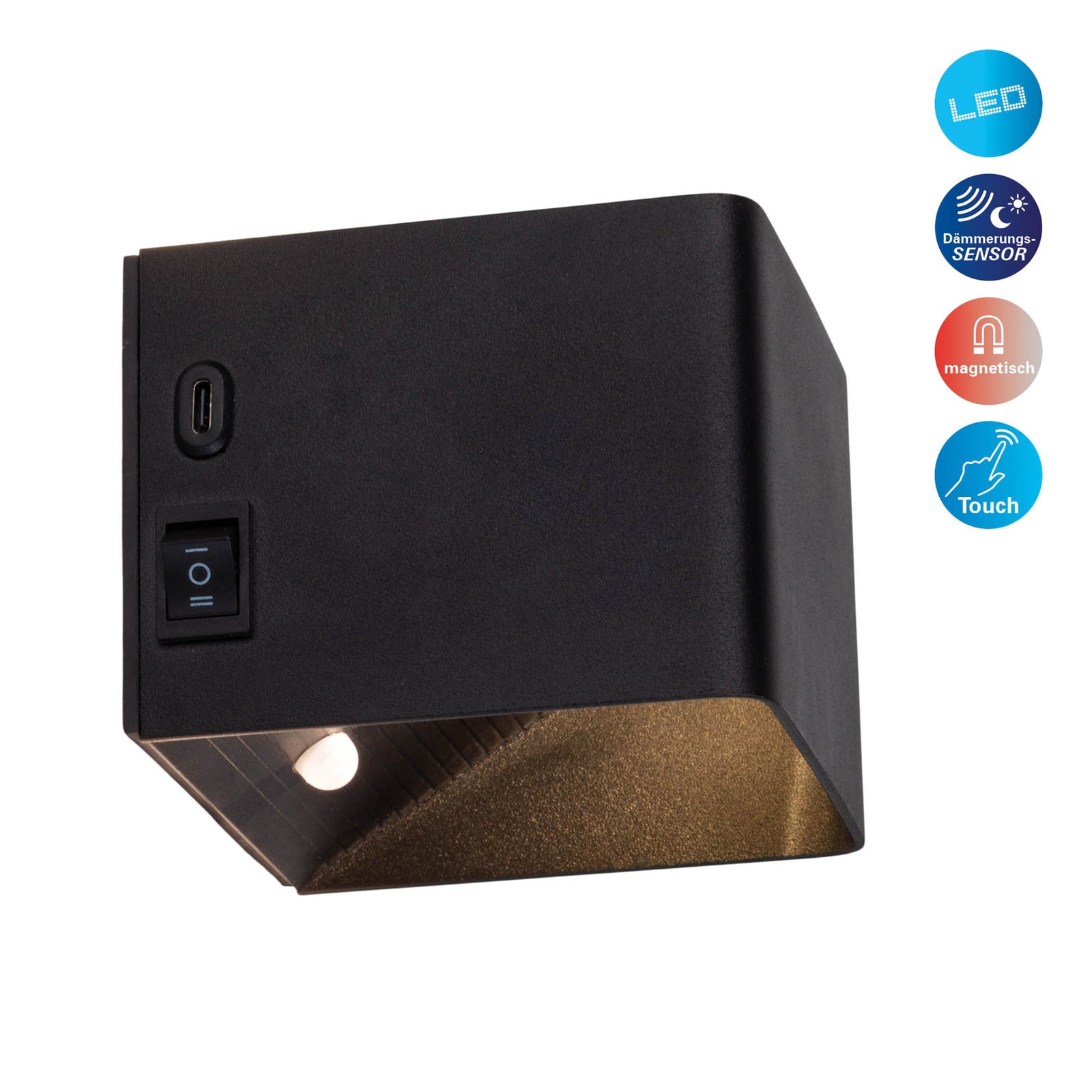 LED vegglampe Cube oppladbar magnetisk svart USB-lading