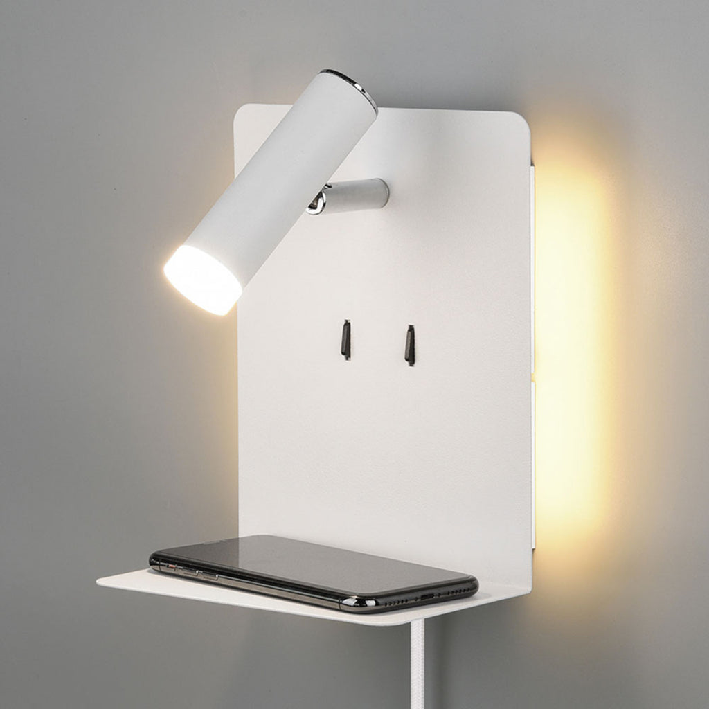 LED vegglampe Element med hylle og USB hvit matt nærbilde av bryter