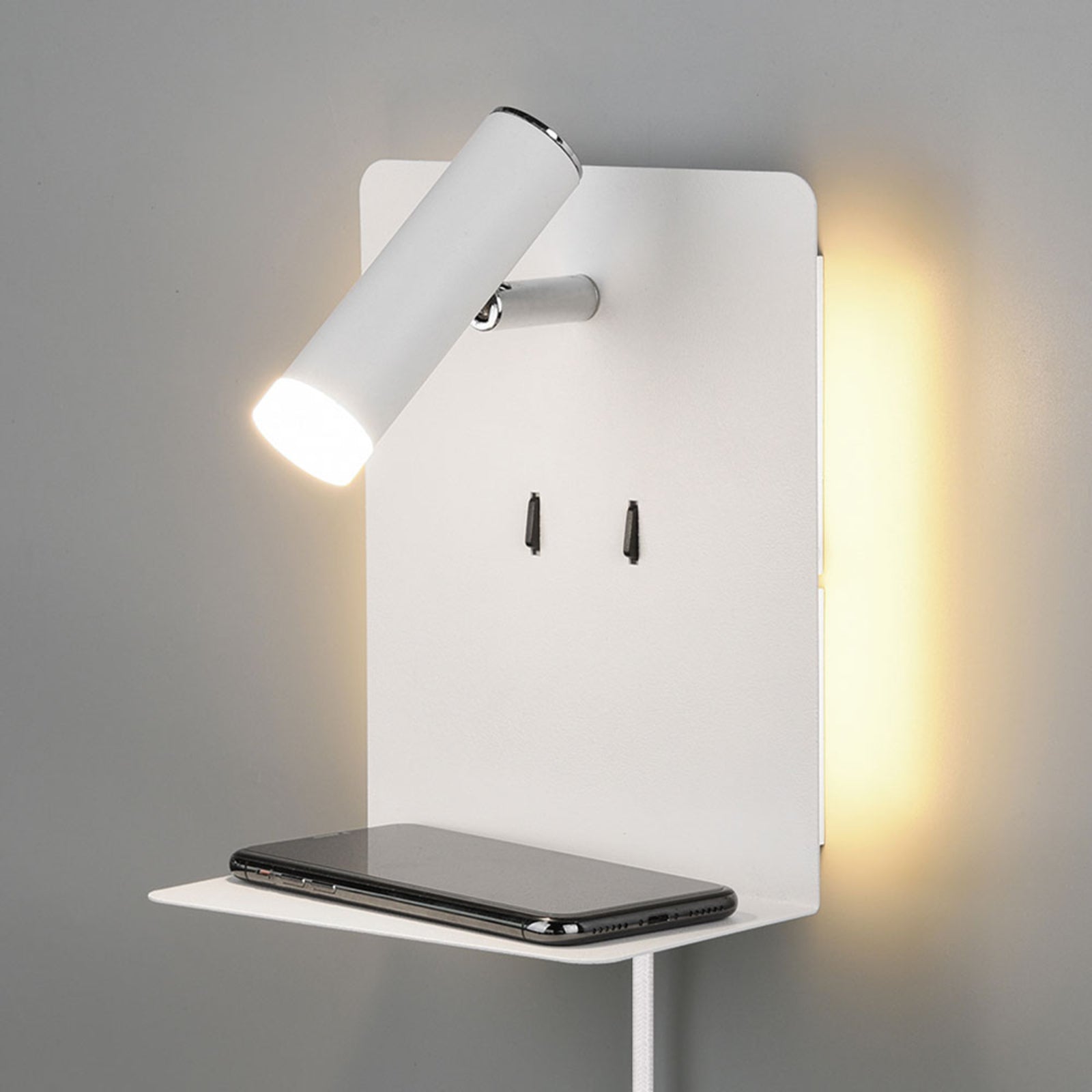 LED vegglampe Element med hylle og USB hvit matt nærbilde av bryter