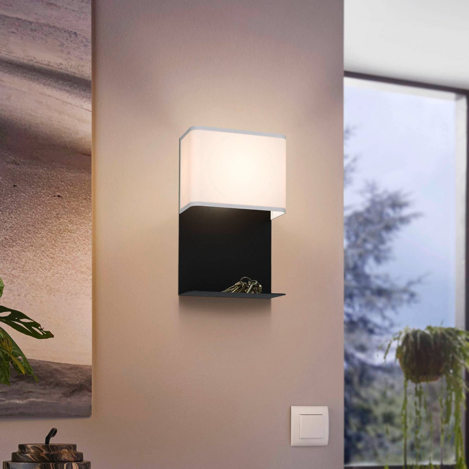 Detalj av LED-vegglampe Galdakao tekstil svart/hvit med bryter