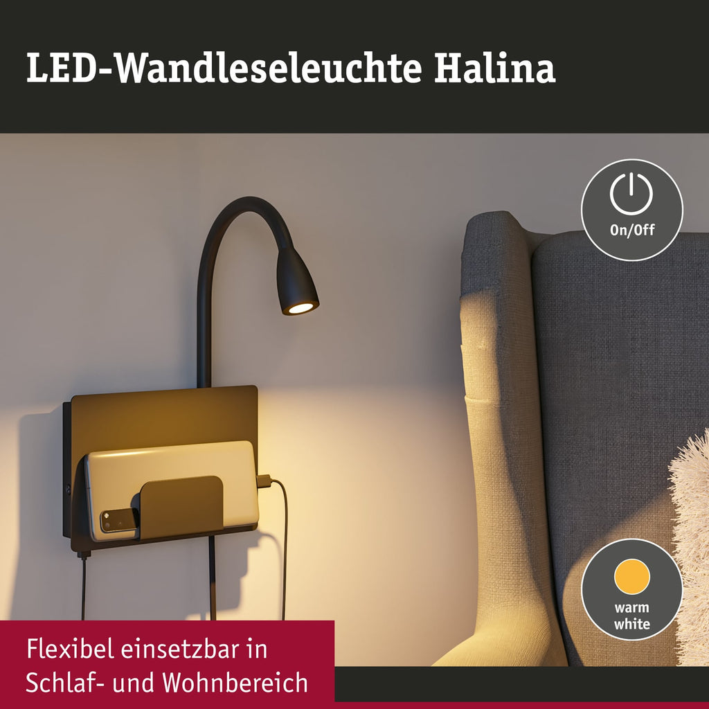 LED vegglampe Halina med fleksarm USB-C svart med avtakbart tekstilkabel