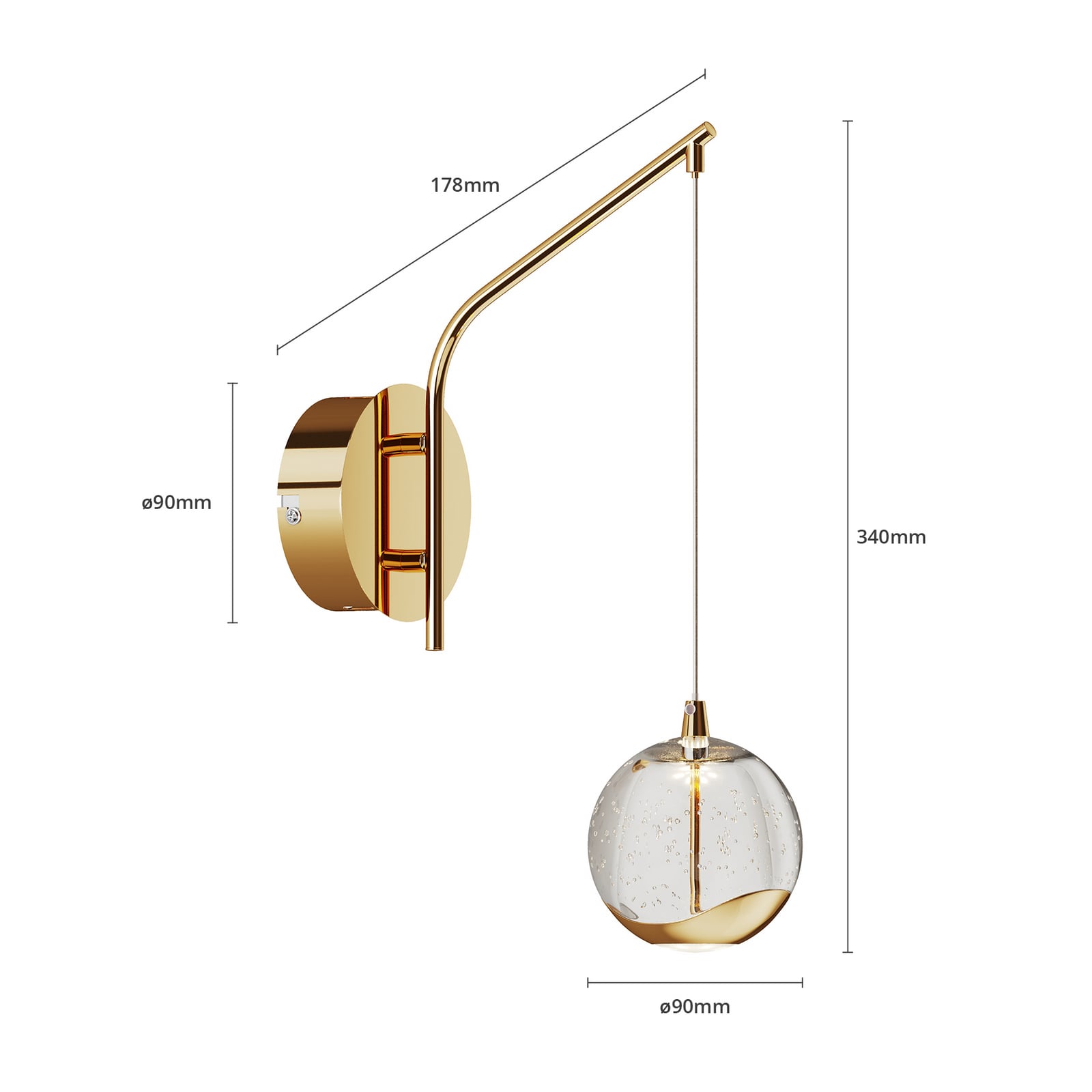 LED vegglampe Hayley gullfarget glass kuleformet med lys på