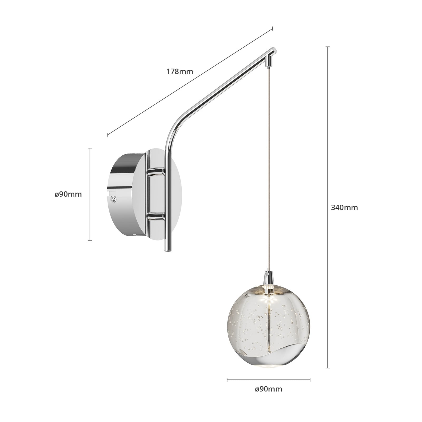 LED vegglampe Hayley krom glass med synlig ledning
