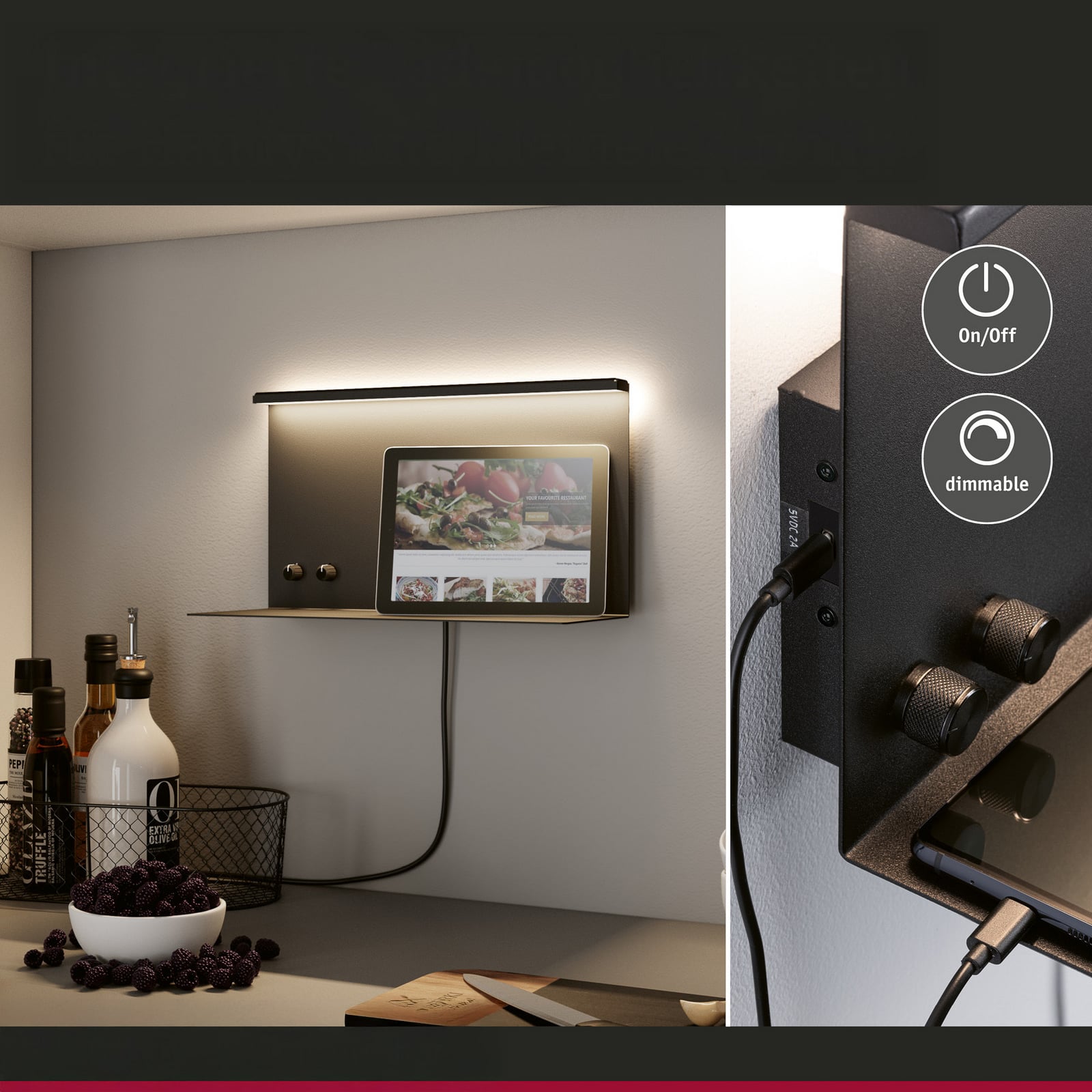 LED vegglampe Jarina svart matt 35 cm dimbar USB med USB-port
