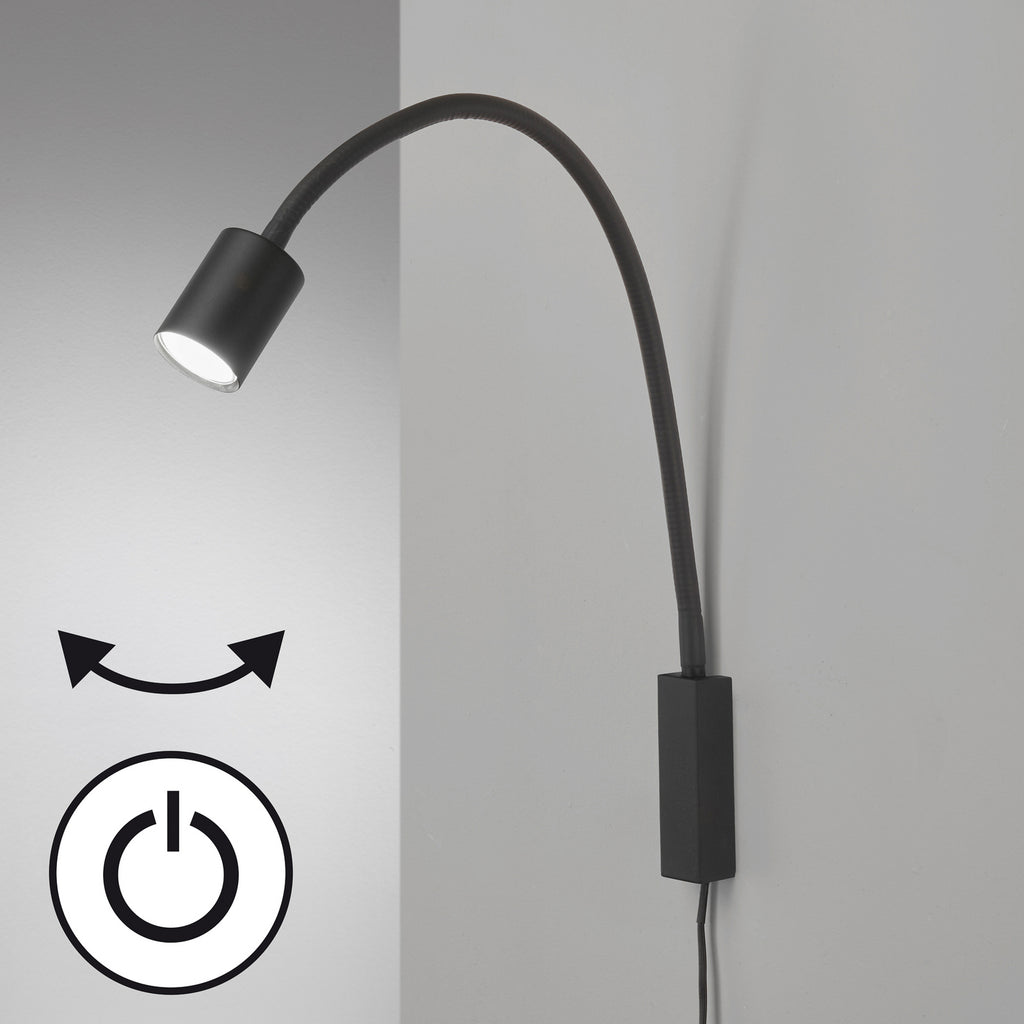 Nærbilde av LED vegglampe Justi svart metall med bryter 52 cm GU10