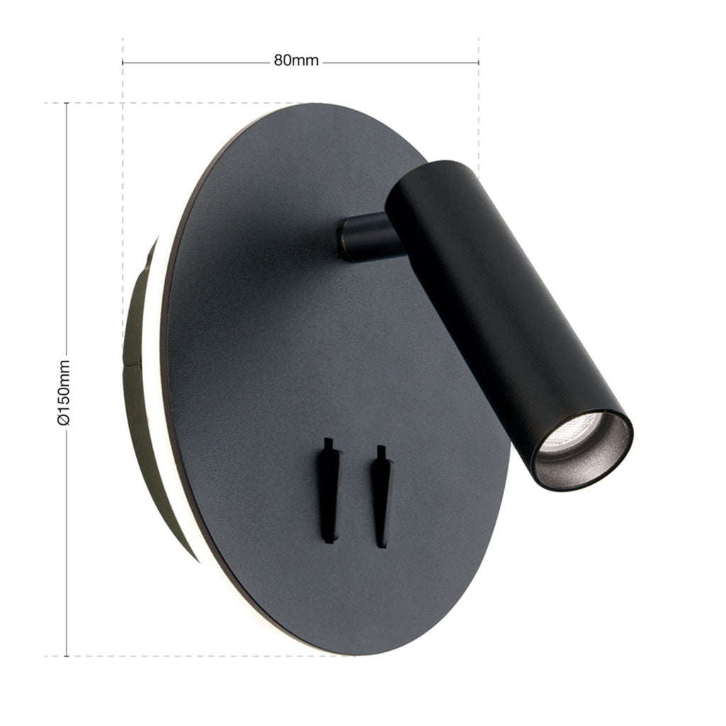 LED vegglampe Lenny svart med spot og indirekte lys dimmensjon