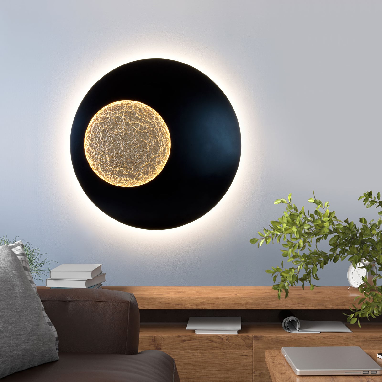 LED vegglampe Luina rund jern svart/gull montert