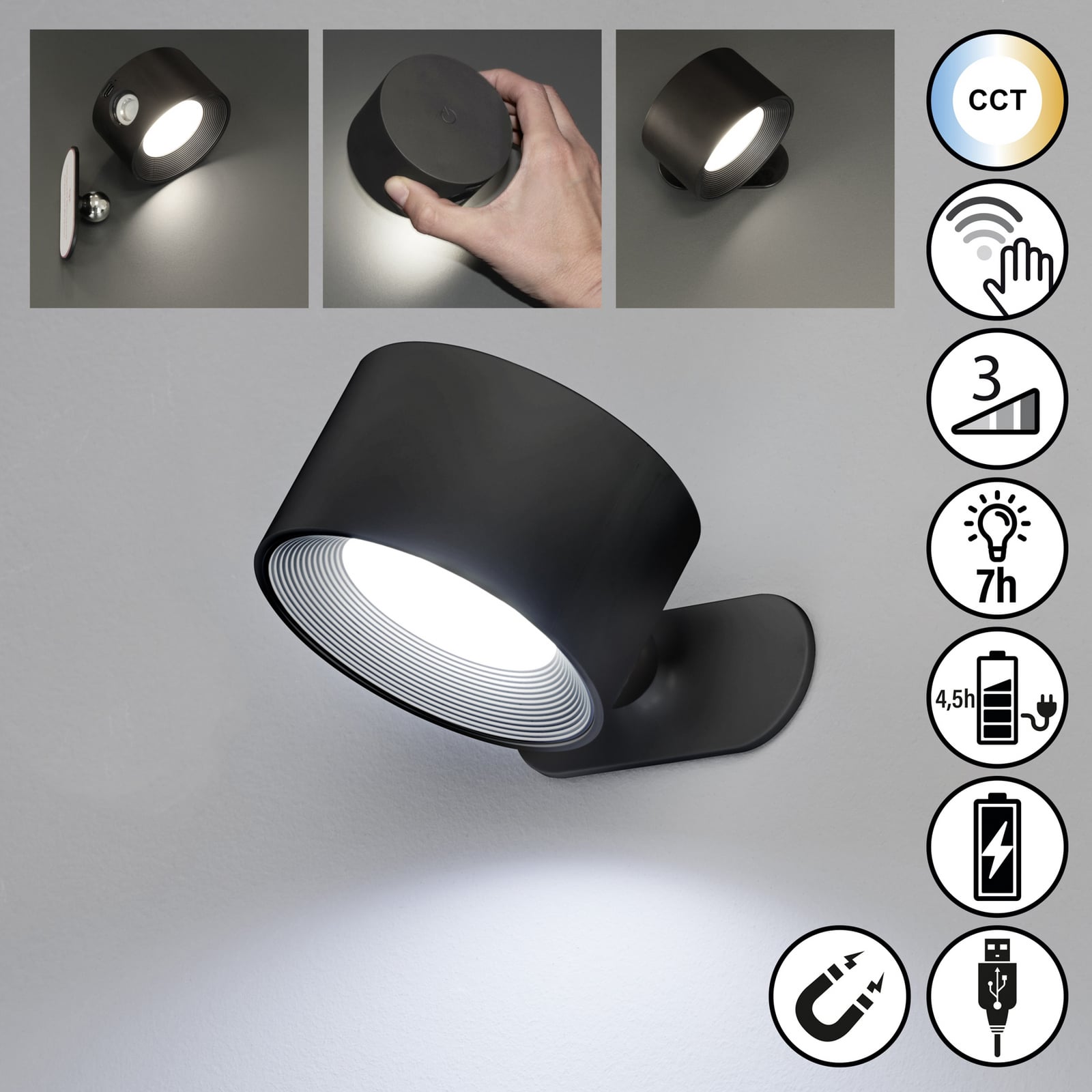 LED vegglampe Magnetic oppladbar CCT dimbar svart montert på vegg