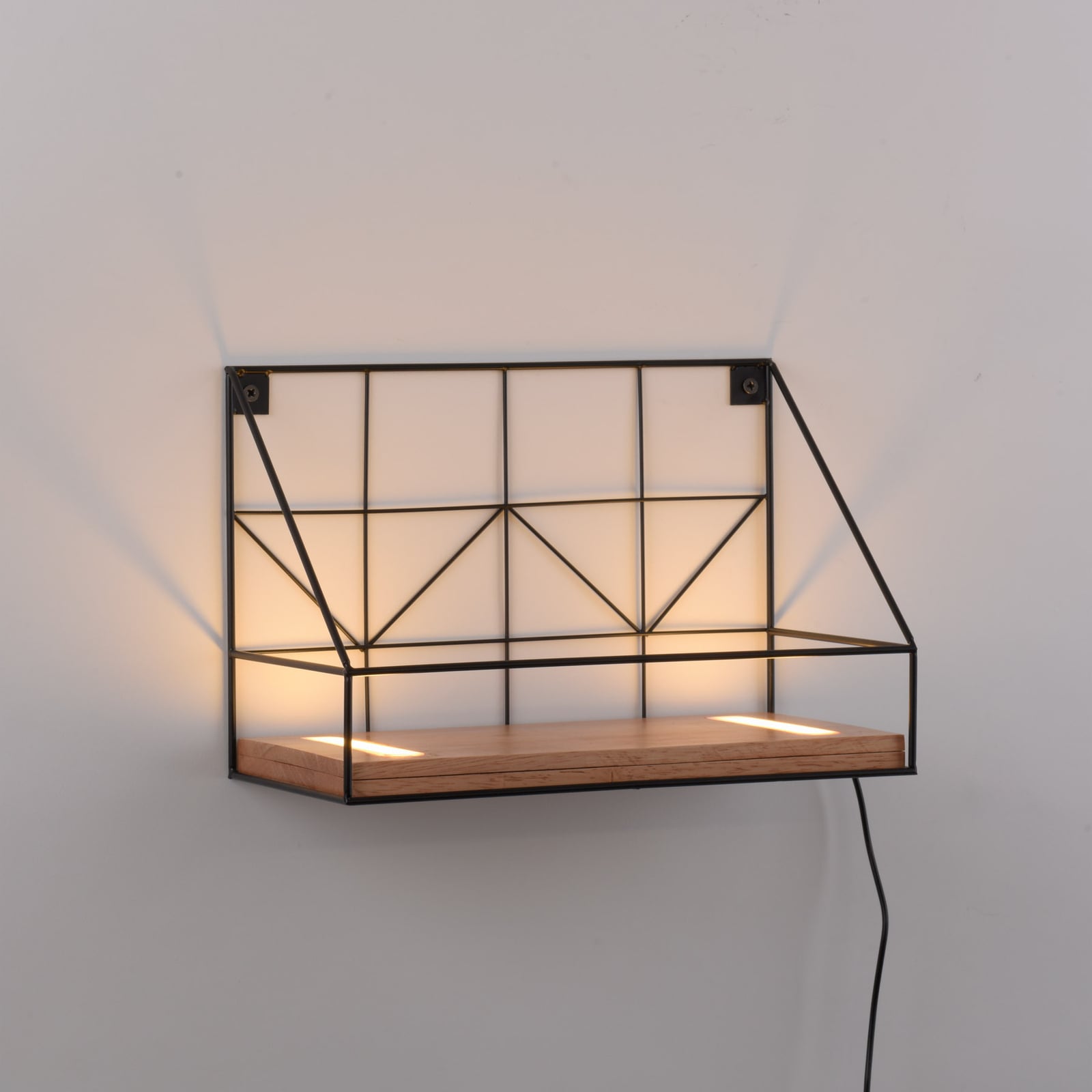 LED vegglampe med hylle tre/svart 30x15 cm med bryter forfra