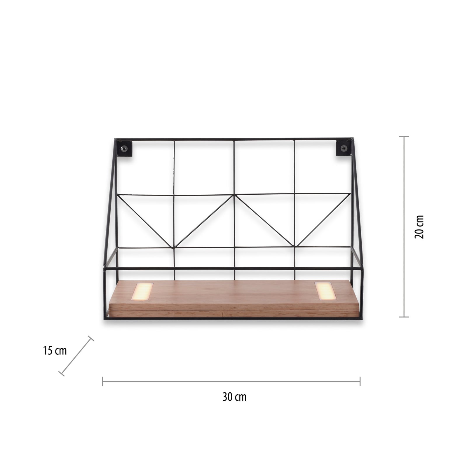 LED vegglampe med hylle tre/svart 30x15 cm montert på vegg
