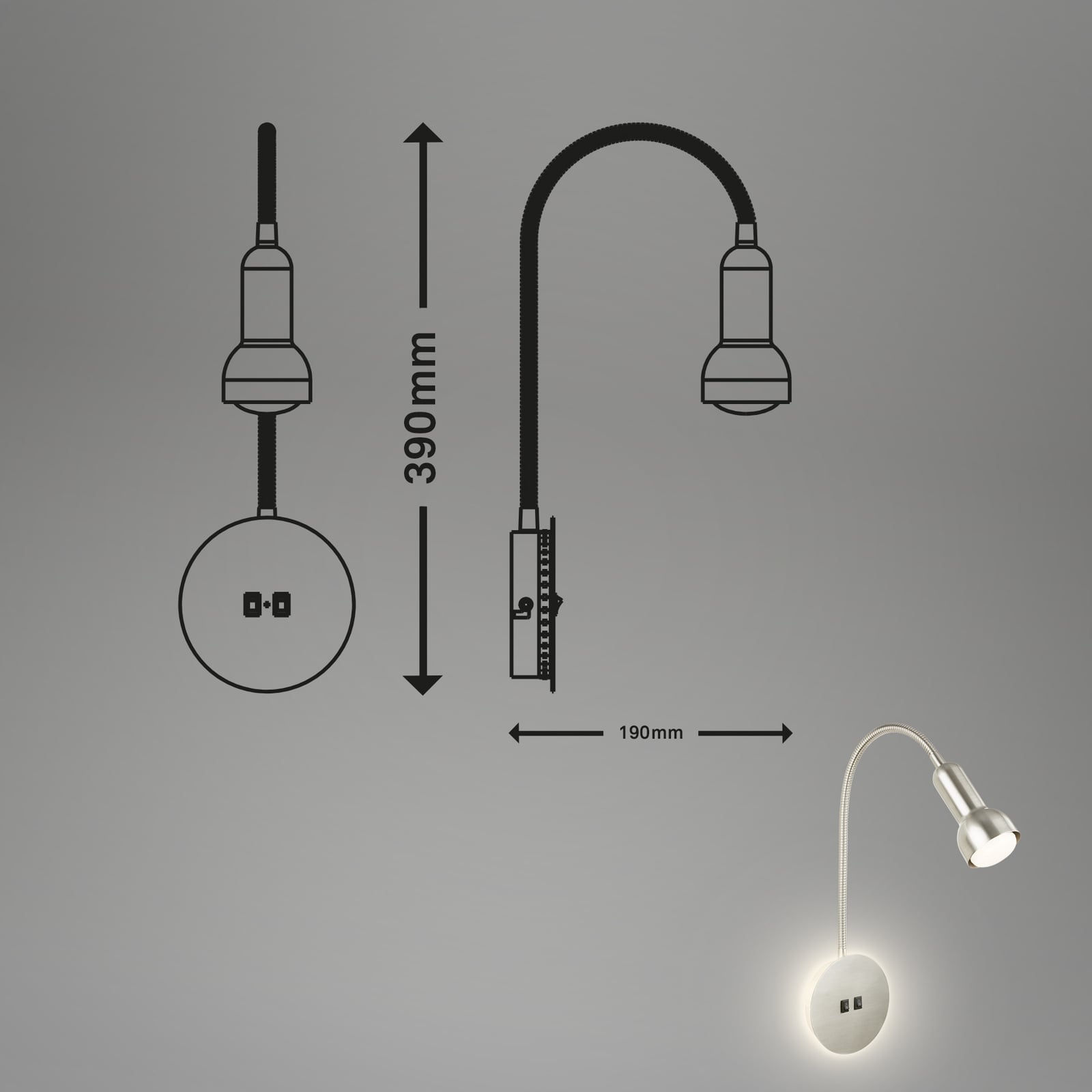 LED vegglampe med lesespot matt nikkel E14 39 cm - detalj av lesespot