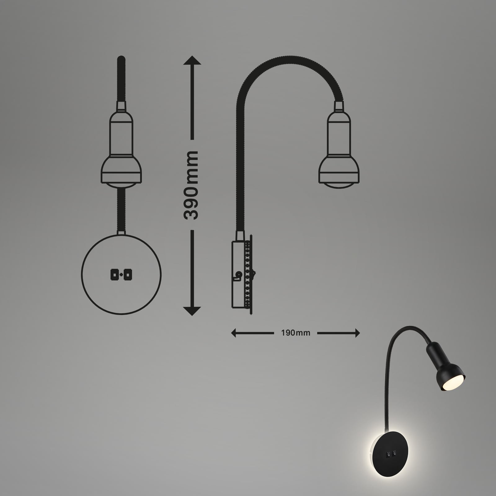 LED vegglampe med lesespot svart metall E14 39 cm - Briloner detalj av lesespot