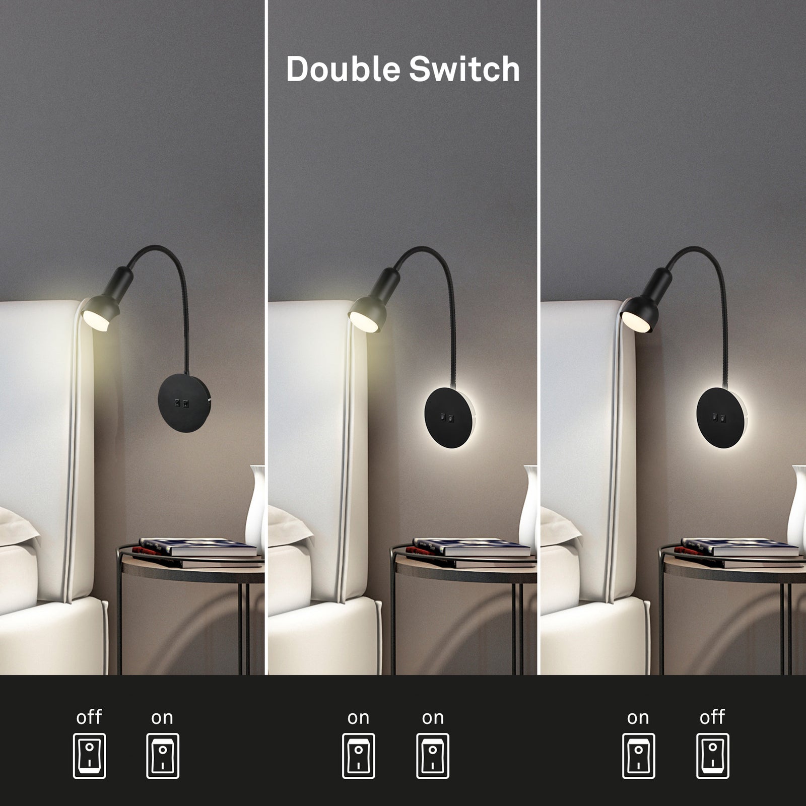 LED vegglampe med lesespot svart metall E14 39 cm - Briloner nærbilde av bryter
