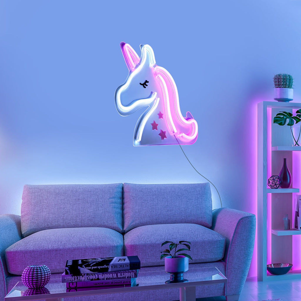 LED vegglampe neon enhjørning USB plast 33x33 cm bakside
