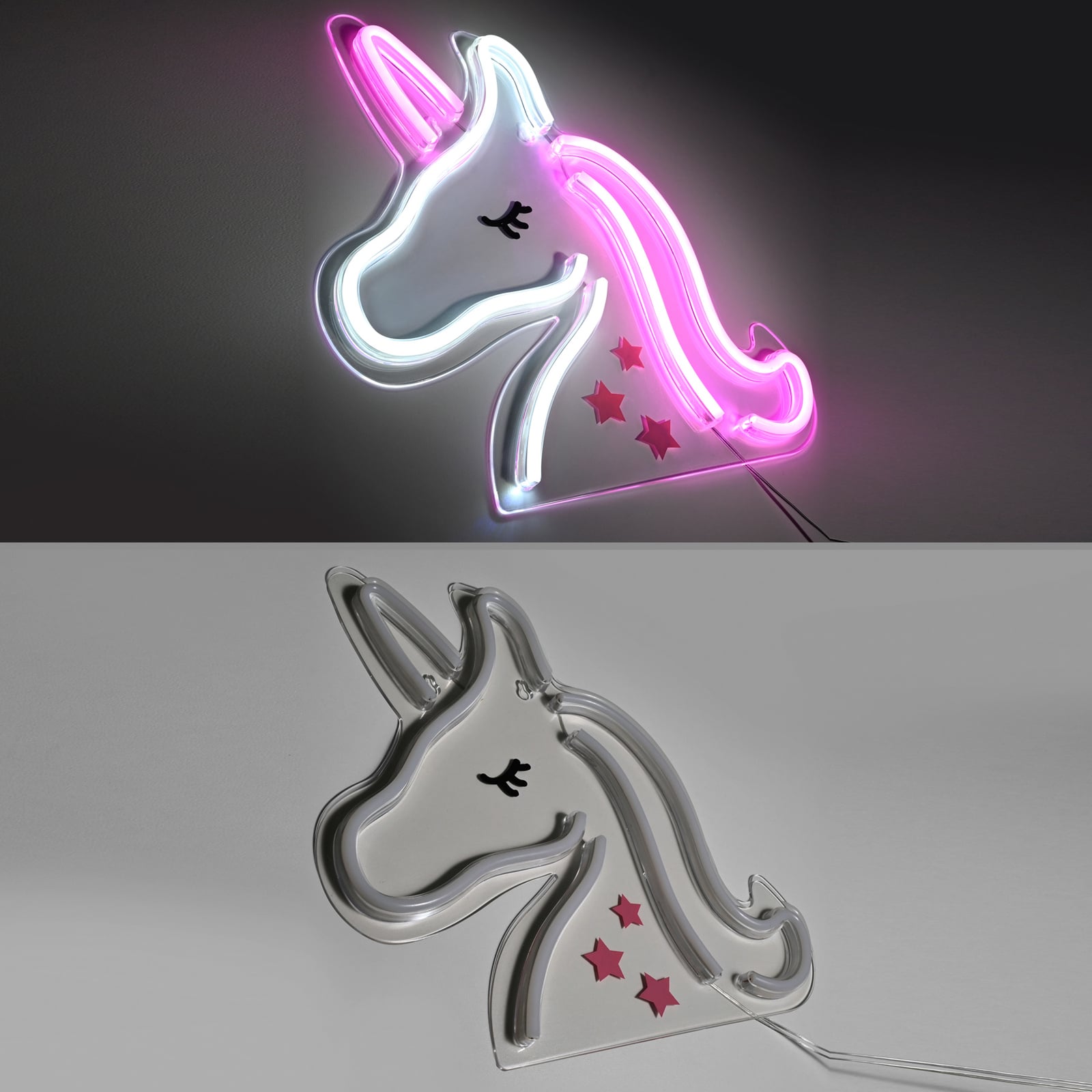 LED vegglampe neon enhjørning USB plast 33x33 cm nærbilde av lys