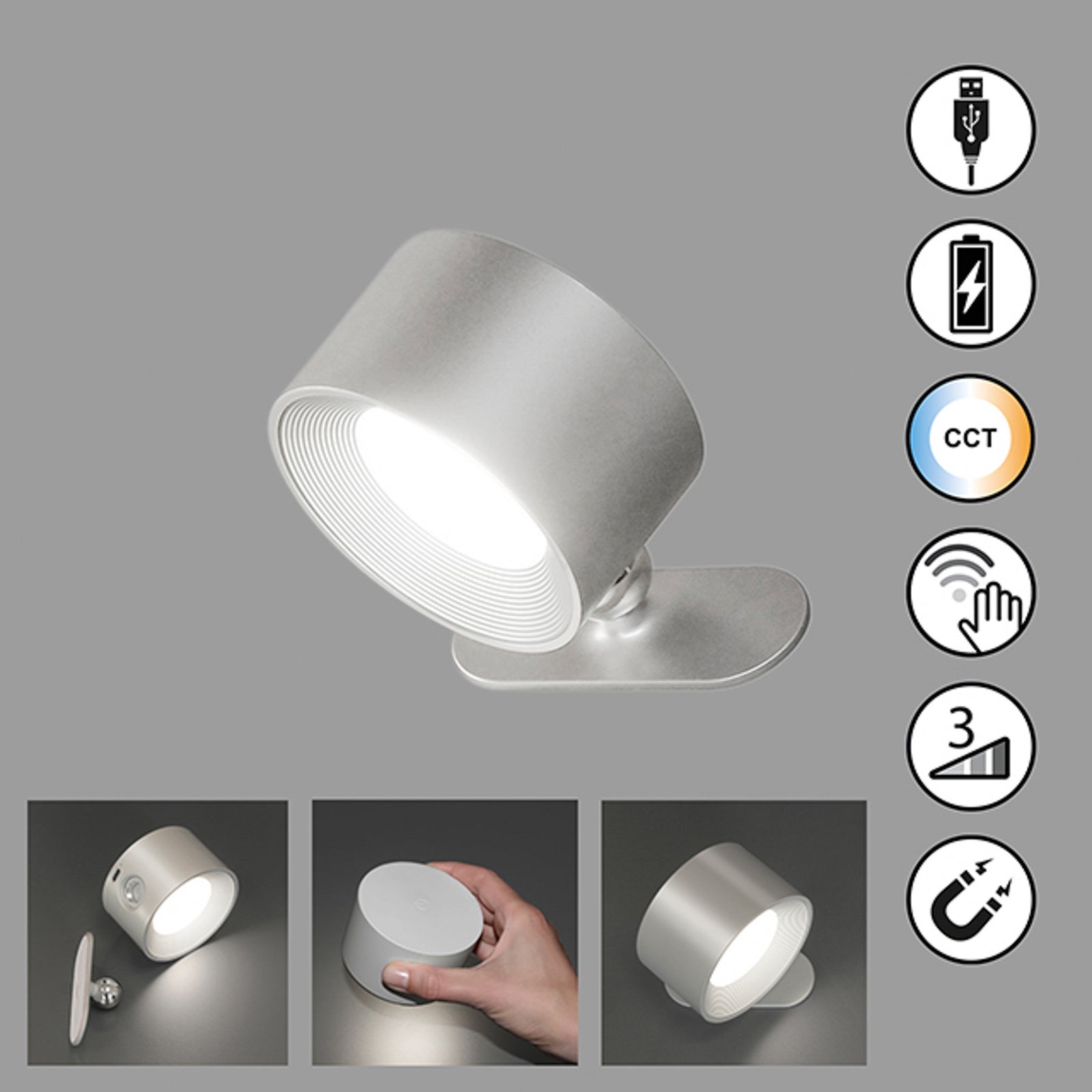 LED vegglampe oppladbar magnetisk CCT dimbar sølv magnetfeste