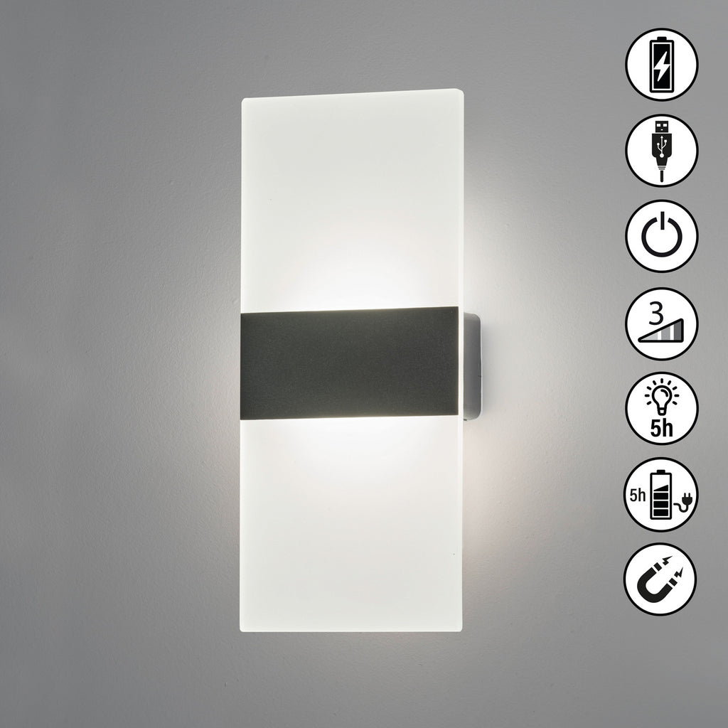 LED vegglampe oppladbar magnetisk svart 22,5 cm dimbar med USB-ladekabel