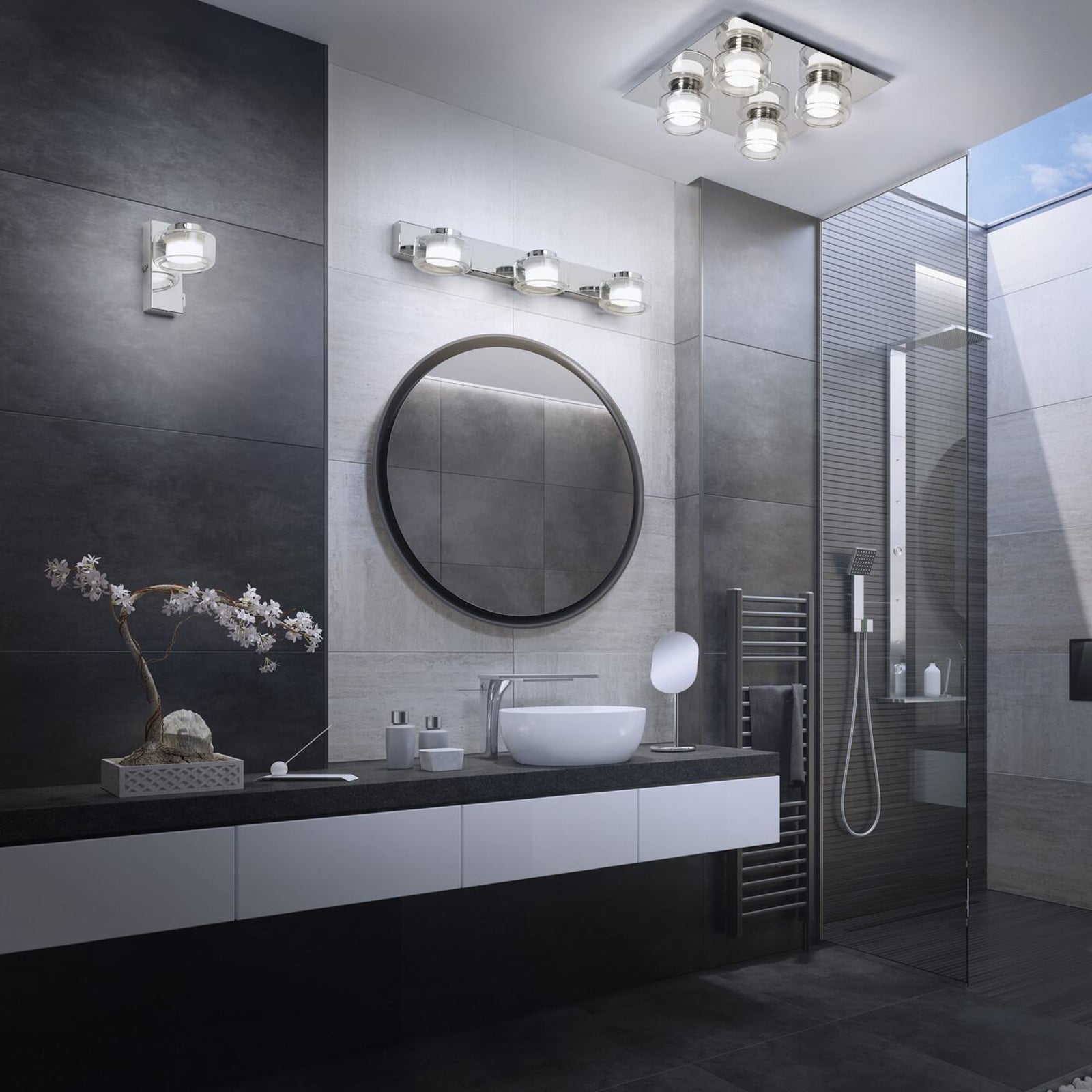 LED vegglampe Orbis Flame krom glass IP44 nærbilde av glass