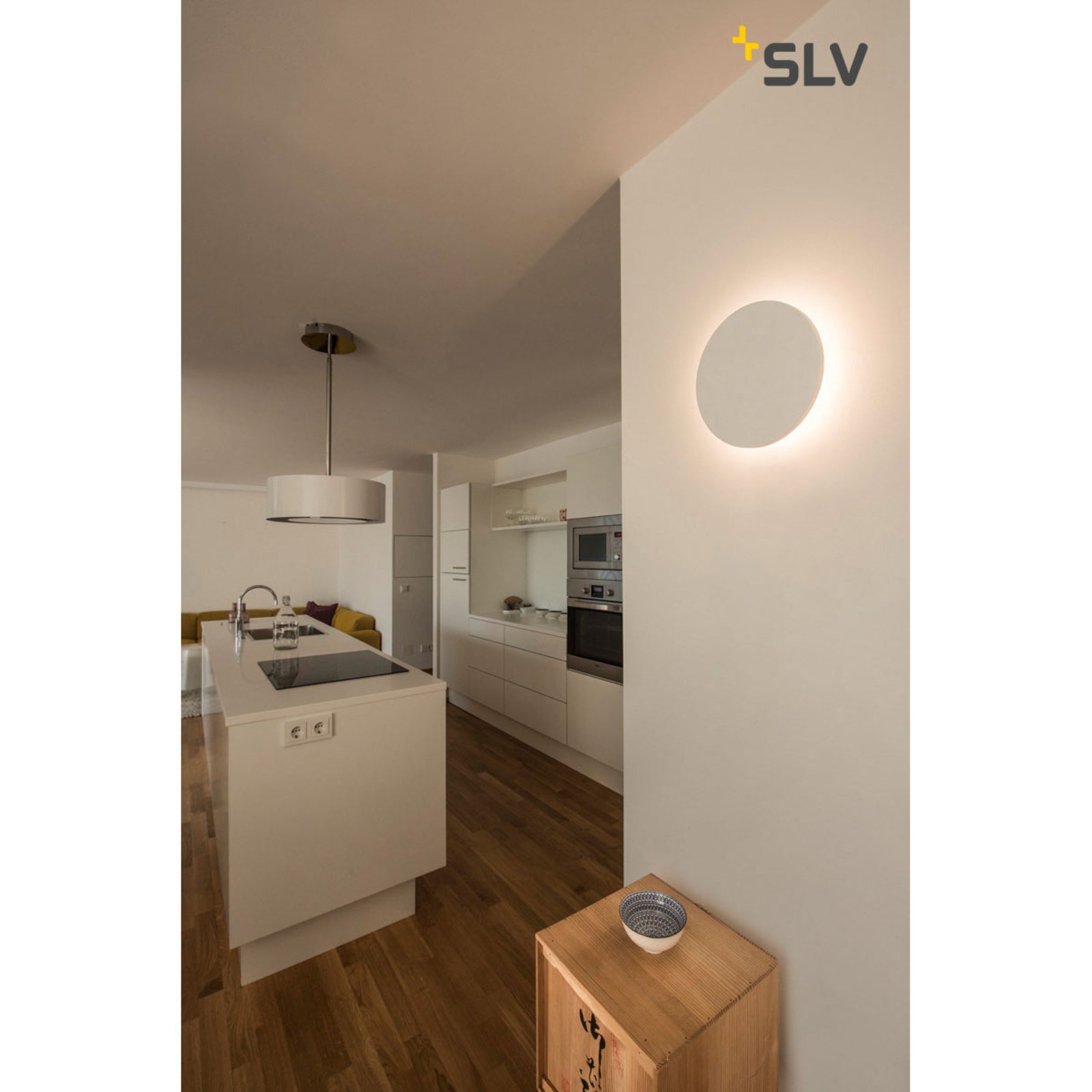 LED vegglampe Plastra rund gips Ø26 cm 7,4W varmhvit montert på vegg