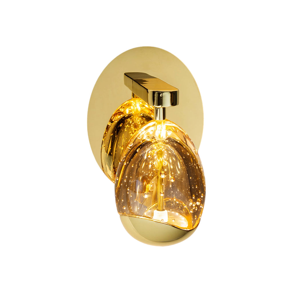 Detalj av dråpeformet glass på LED vegglampe Rocio gull