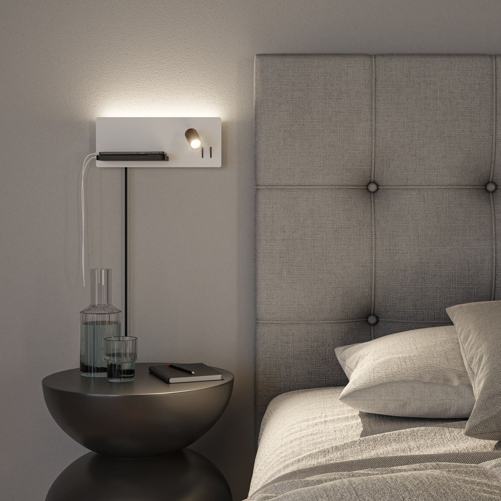 Bakside av LED vegglampe Serra dimbar med USB-C og leselys hvit/svart