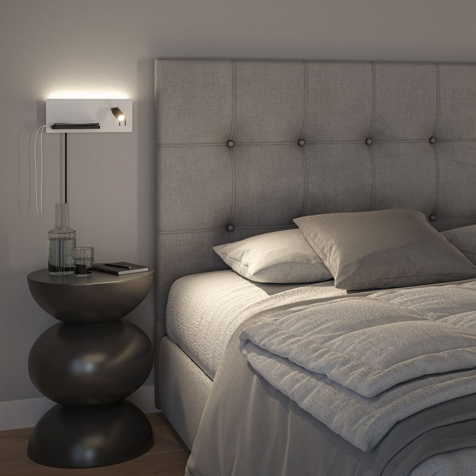 Detalj av USB-C ladeport på LED vegglampe Serra dimbar med USB-C og leselys hvit/svart