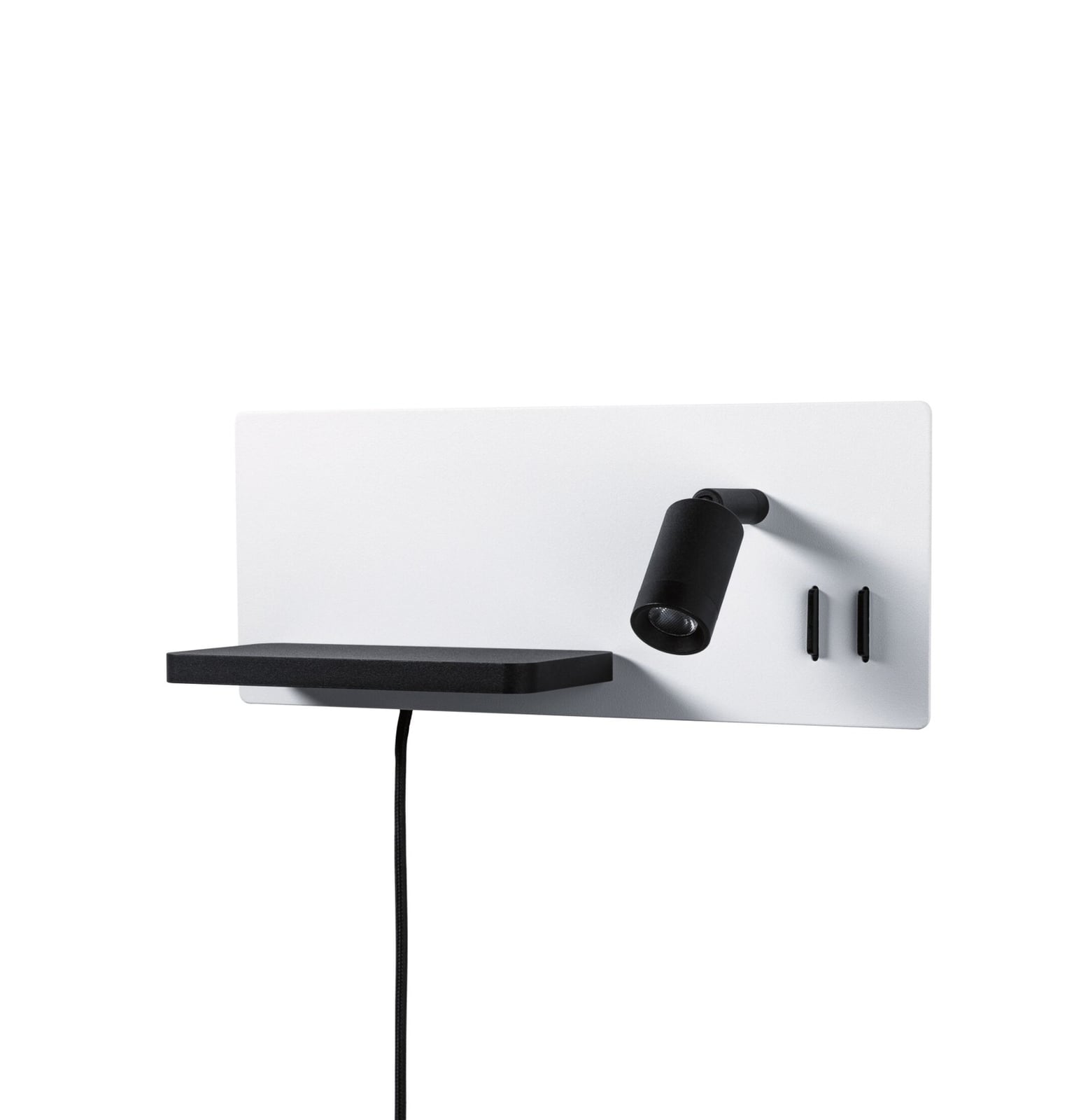 Nærbilde av dimmer og leselys på LED vegglampe Serra dimbar med USB-C og leselys hvit/svart