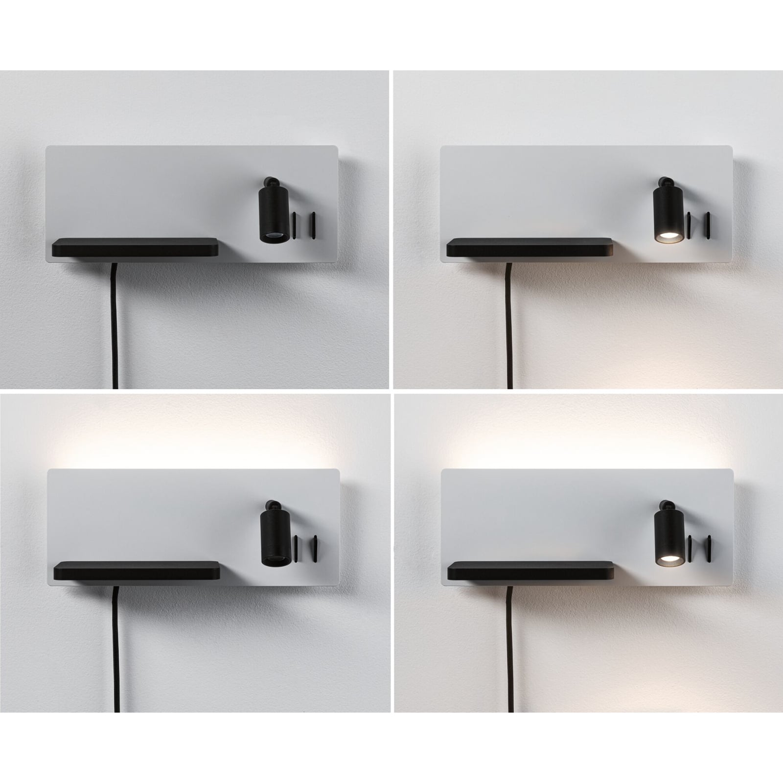 Oversikt over oppbevaringsflate på LED vegglampe Serra dimbar med USB-C og leselys hvit/svart
