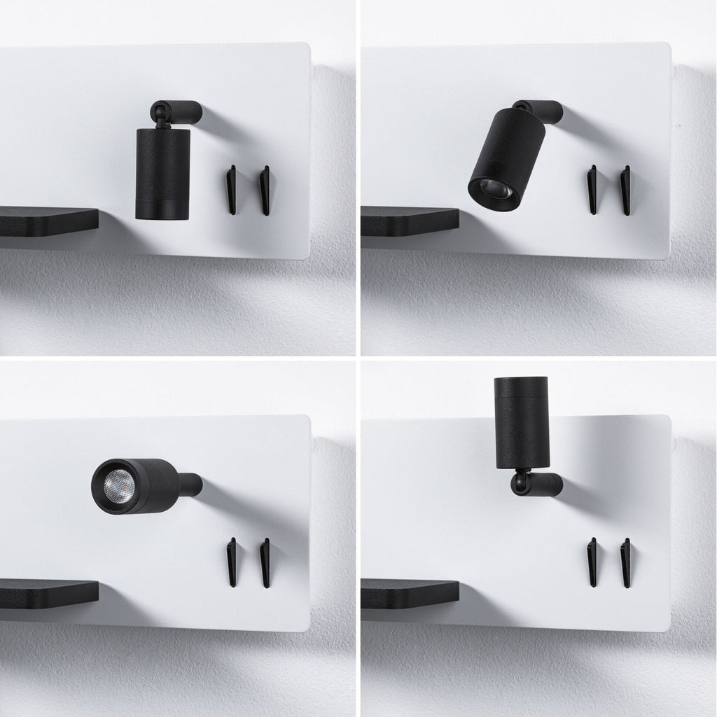 LED vegglampe Serra dimbar med USB-C og leselys hvit/svart i moderne interiør