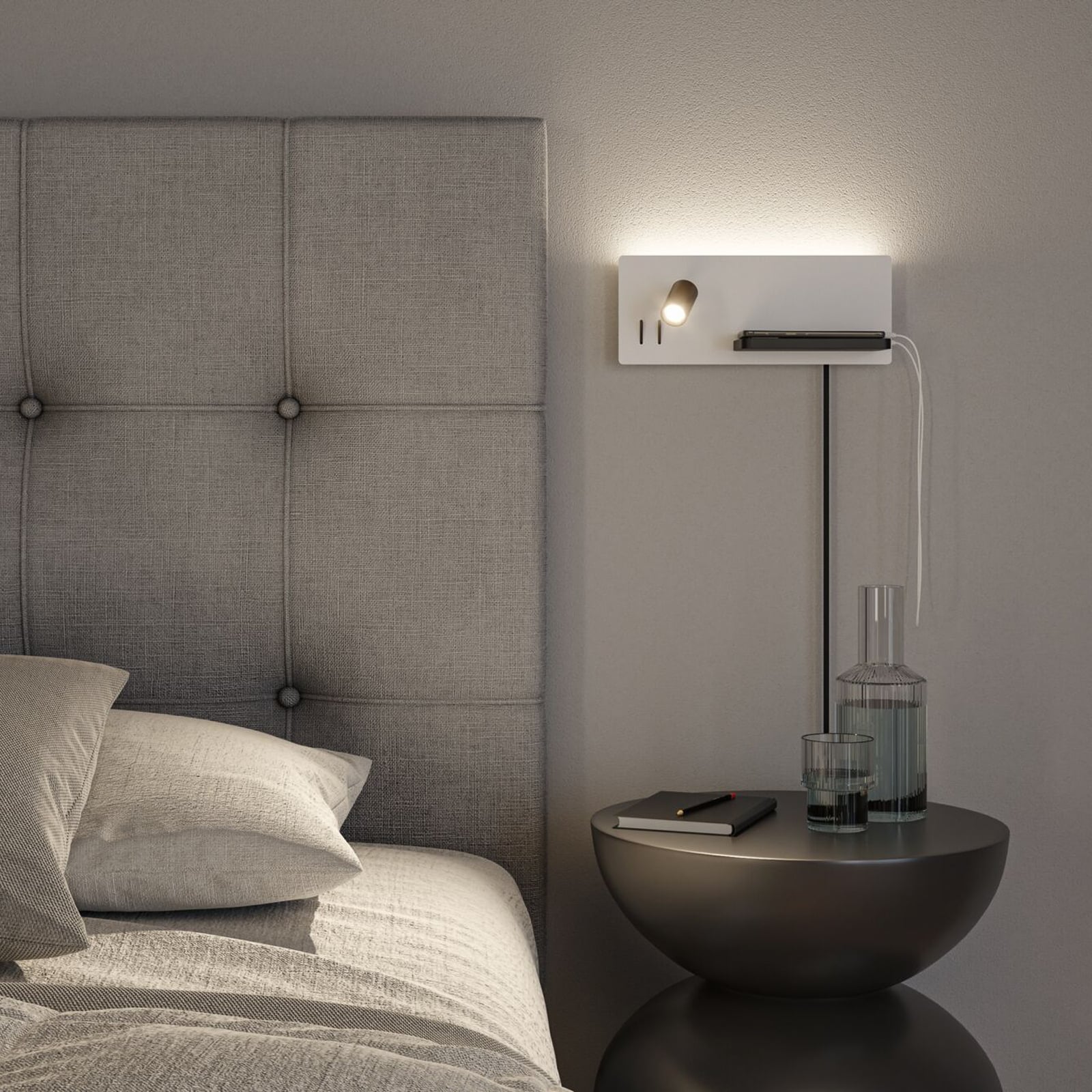 LED vegglampe Serra svart med leselys og USB forfra