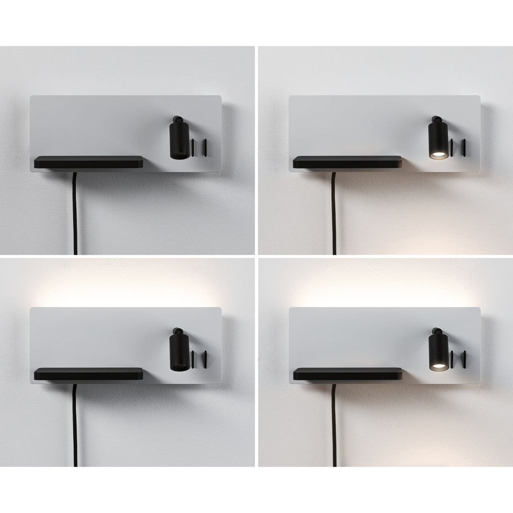 LED vegglampe Serra svart med leselys og USB med avlastningsflate