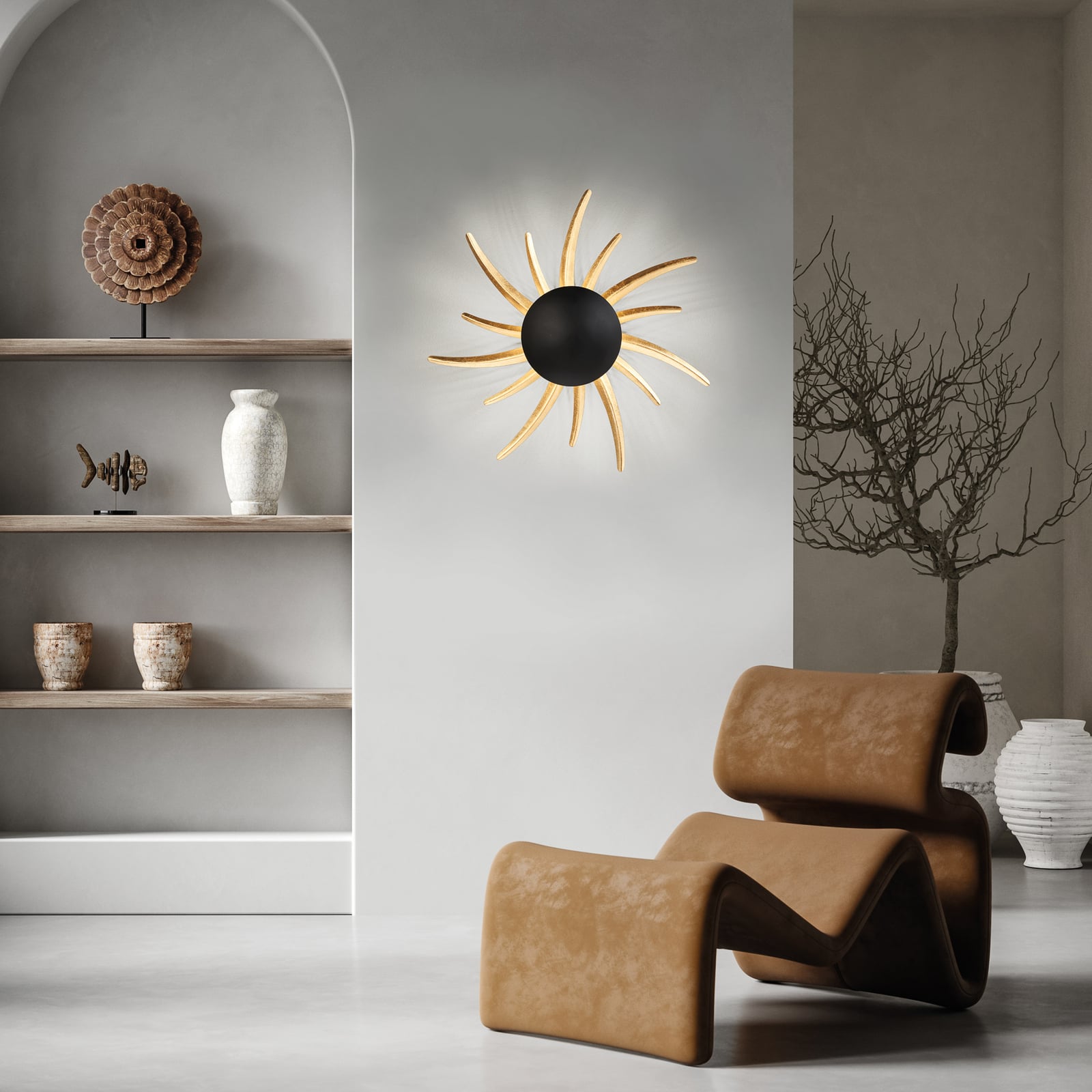 LED vegglampe Sol svart matt/bladgull Ø45 cm bakside