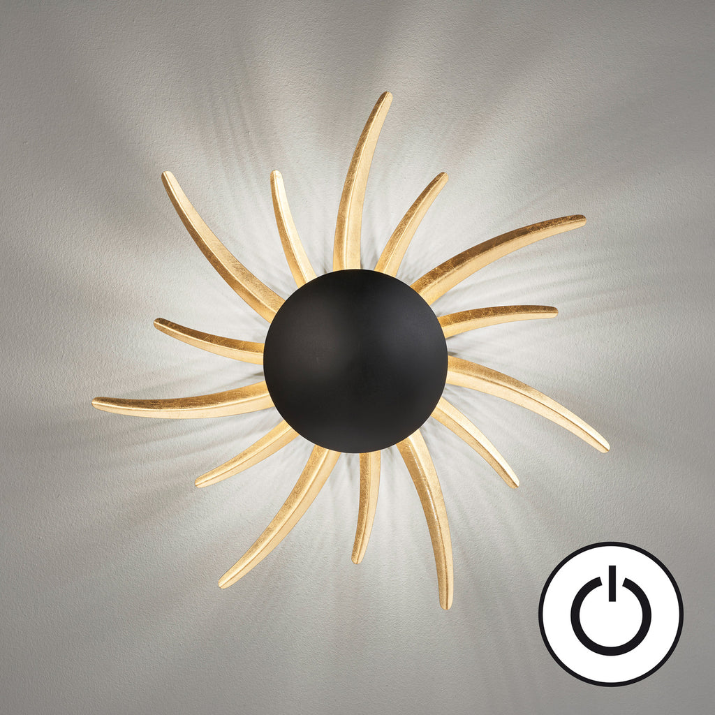LED vegglampe Sol svart matt/bladgull Ø45 cm detalj