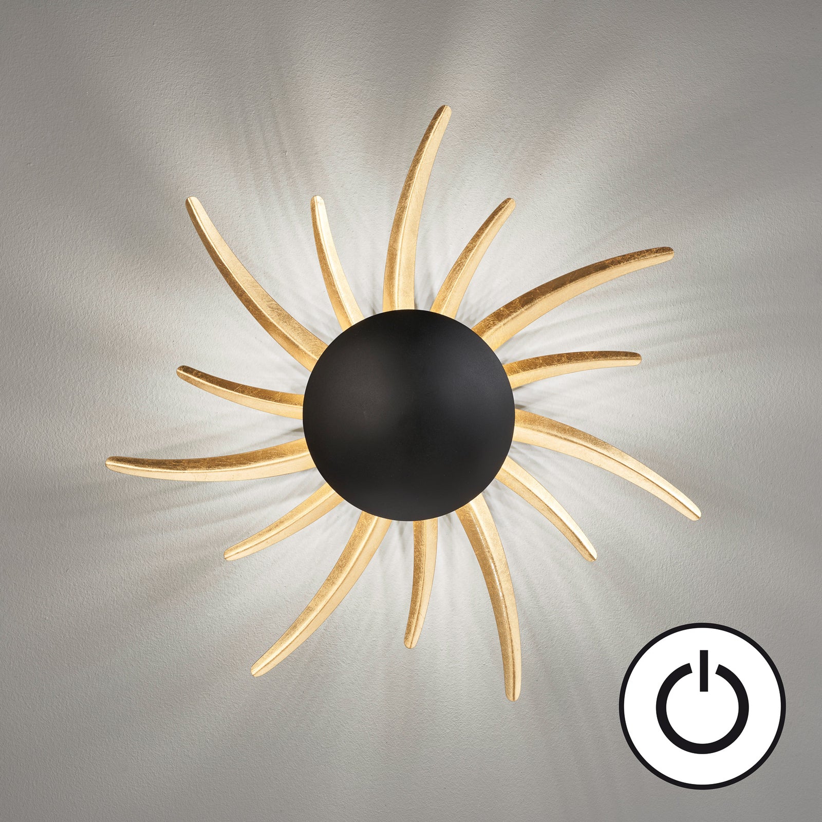 LED vegglampe Sol svart matt/bladgull Ø45 cm detalj