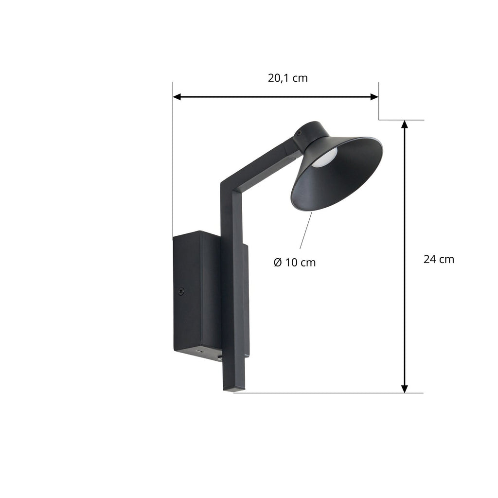 LED vegglampe Steve svart 24 cm USB dimbar 5W detalj av USB-port