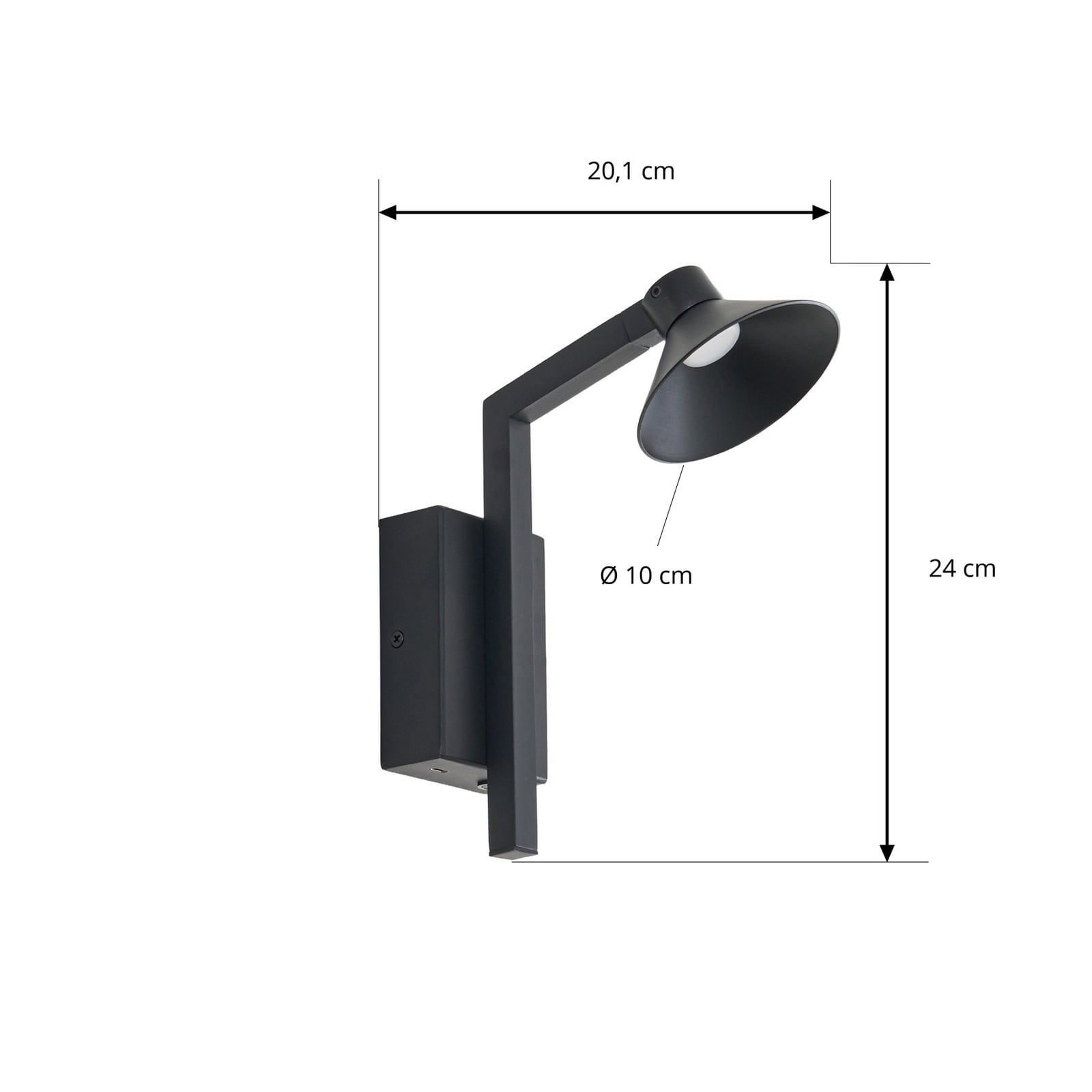 LED vegglampe Steve svart 24 cm USB dimbar 5W detalj av USB-port