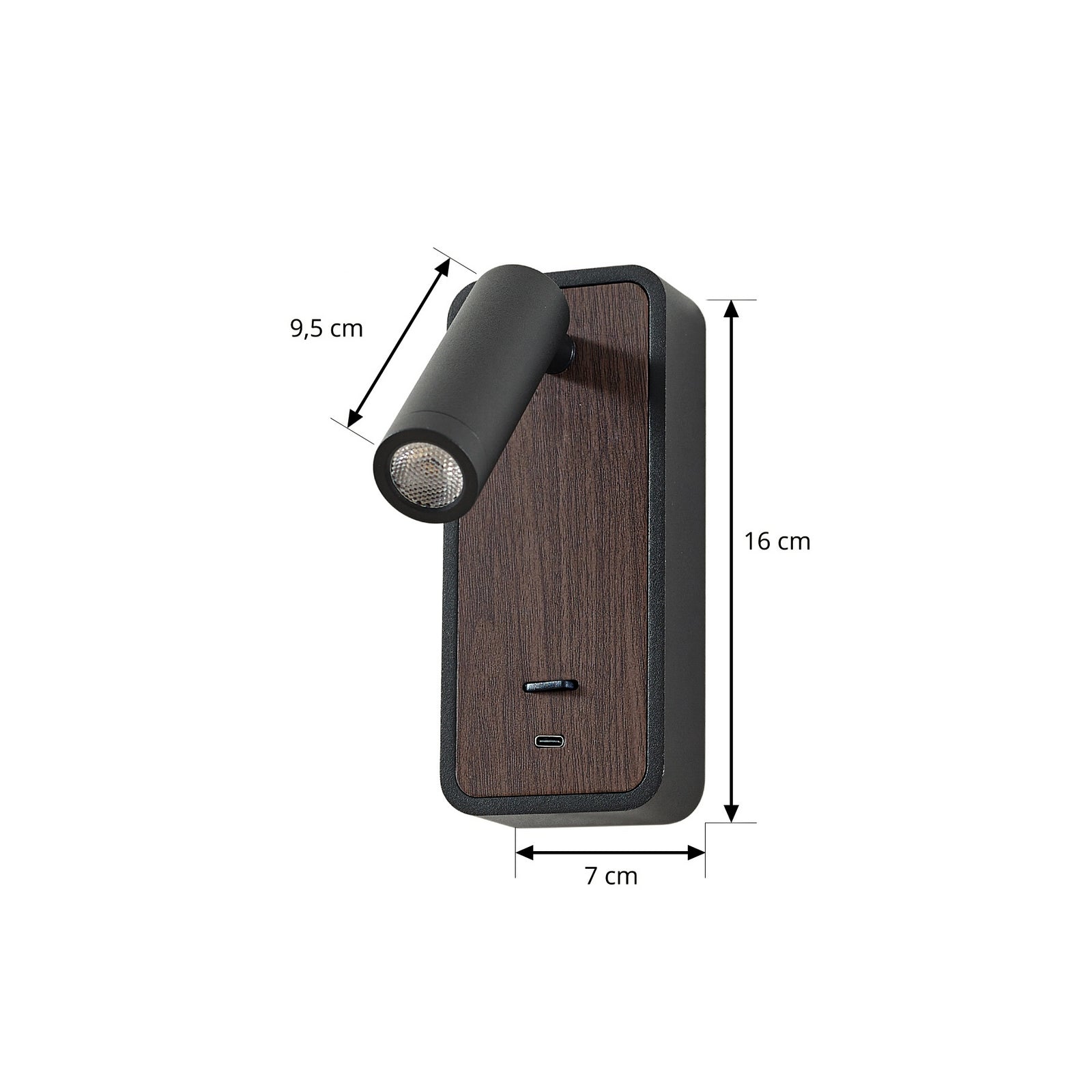 Montert LED vegglampe Tallis svart med USB-C og bryter i rom
