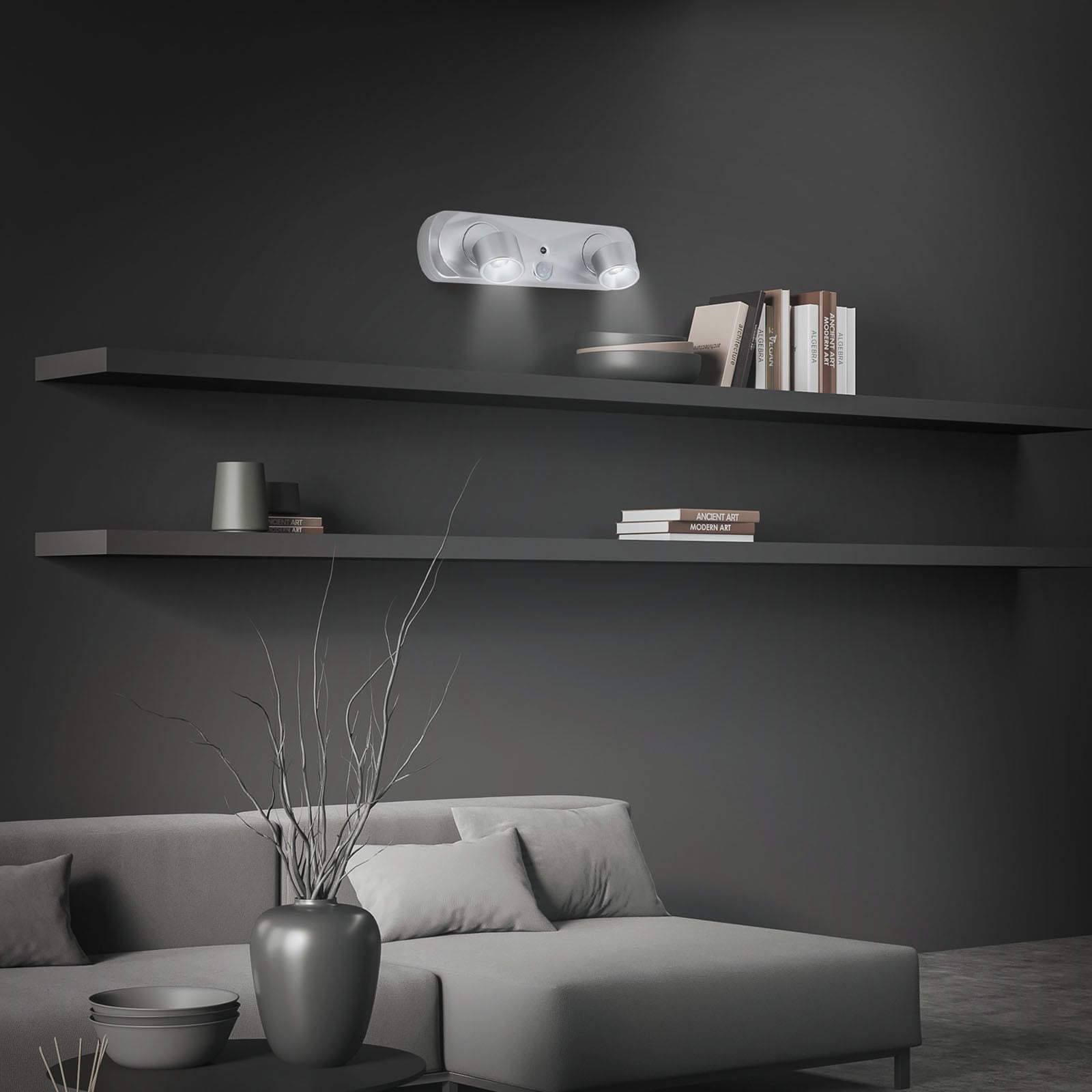 LED vegglampe Terya med bevegelsessensor sølv batteri bakside