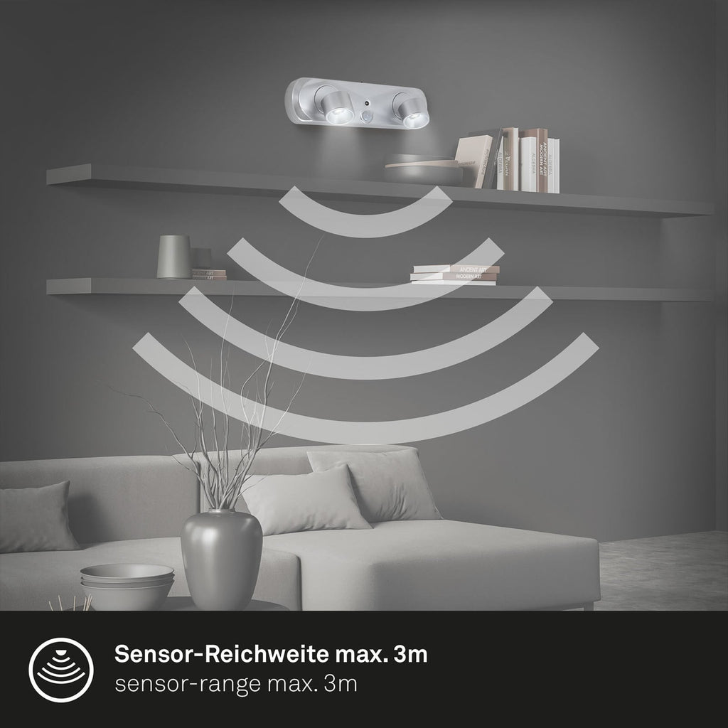 LED vegglampe Terya med bevegelsessensor sølv batteri med justerbare stråler