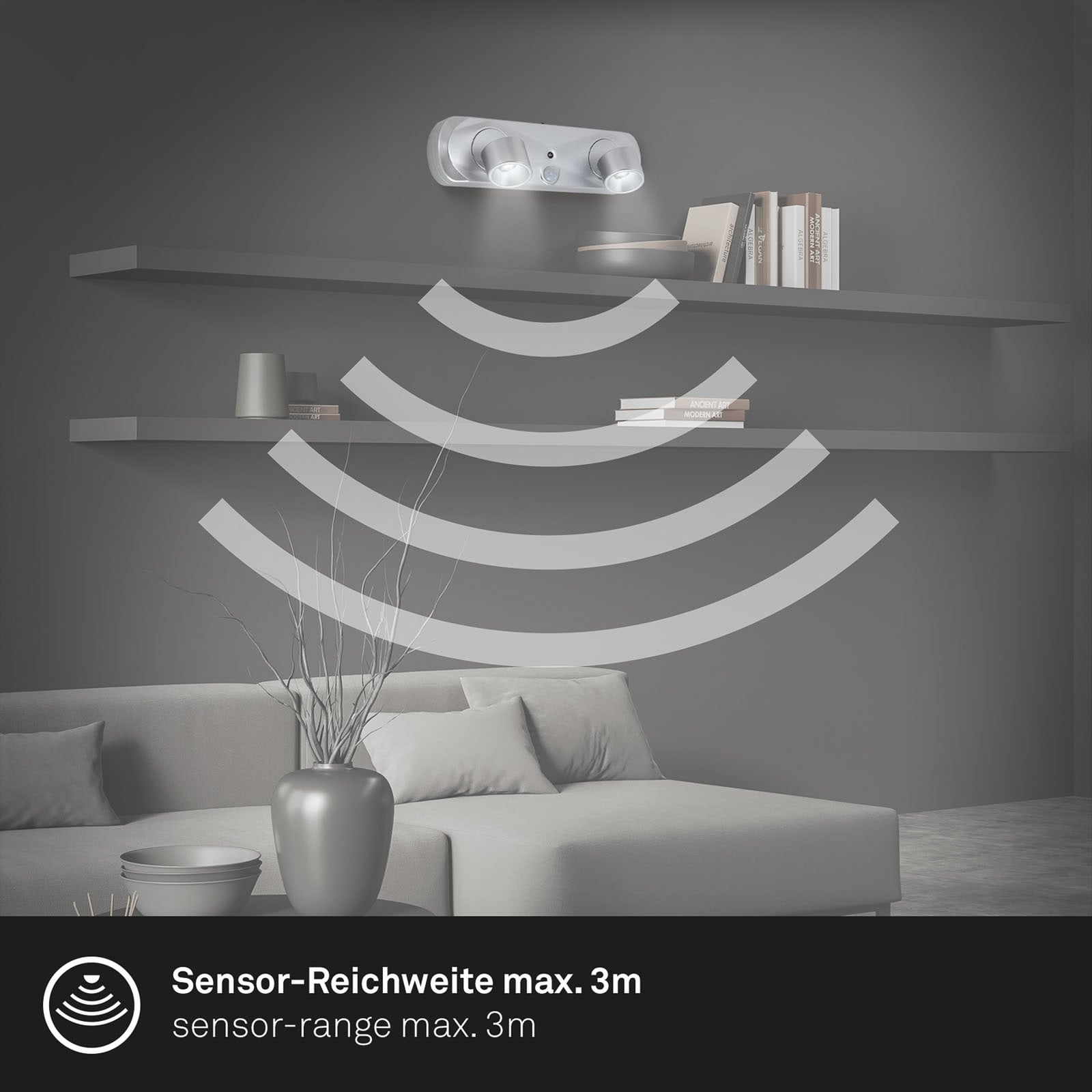 LED vegglampe Terya med bevegelsessensor sølv batteri med justerbare stråler