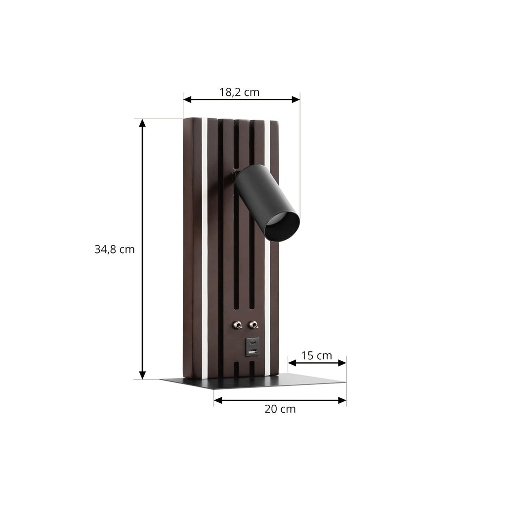 Detalj av dimmer på LED vegglampe Tiron eik/svart dimbar med USB 35 cm