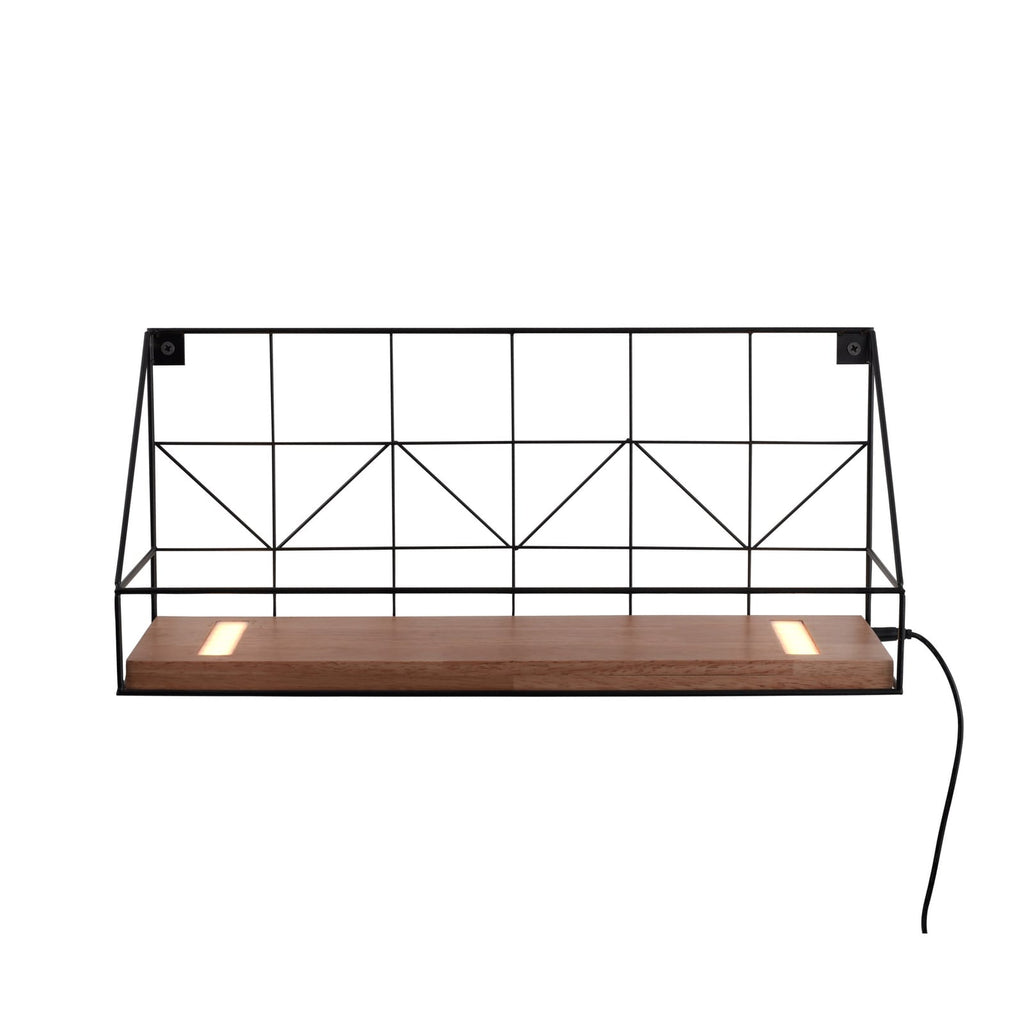 LED vegglampe med trehylle brun/svart 45x20 cm bakside