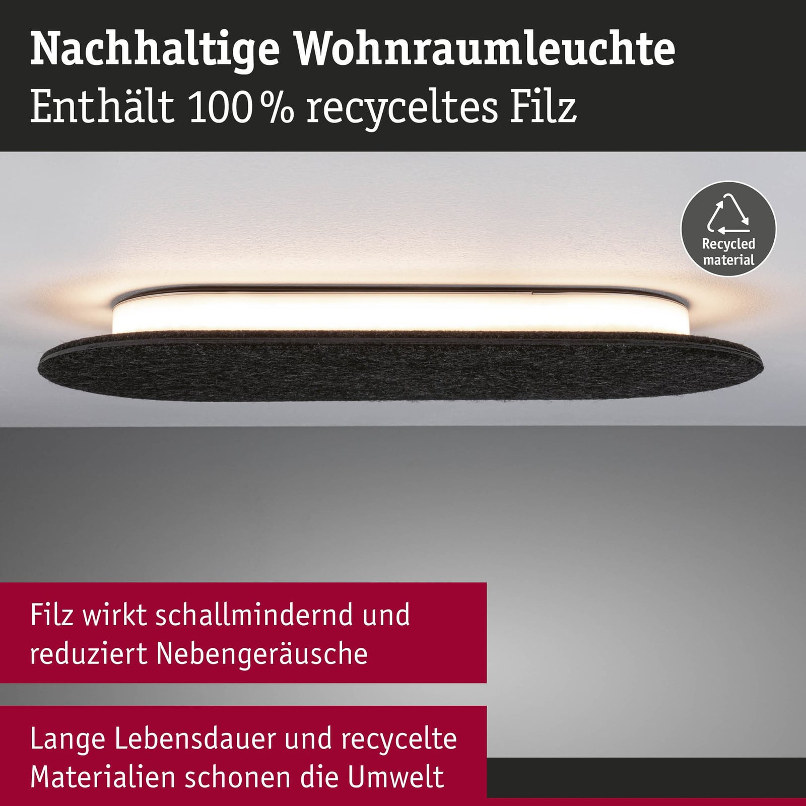 LED vegglampe Tulga filt antrasitt med lys på