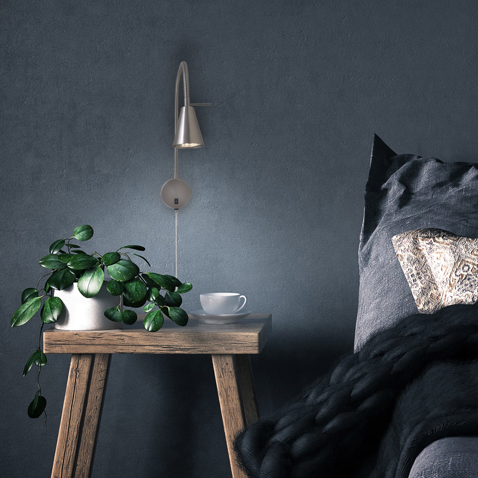 Nærbilde av lyskilde og fleksarm på LED vegglampe Tusa matt nikkel