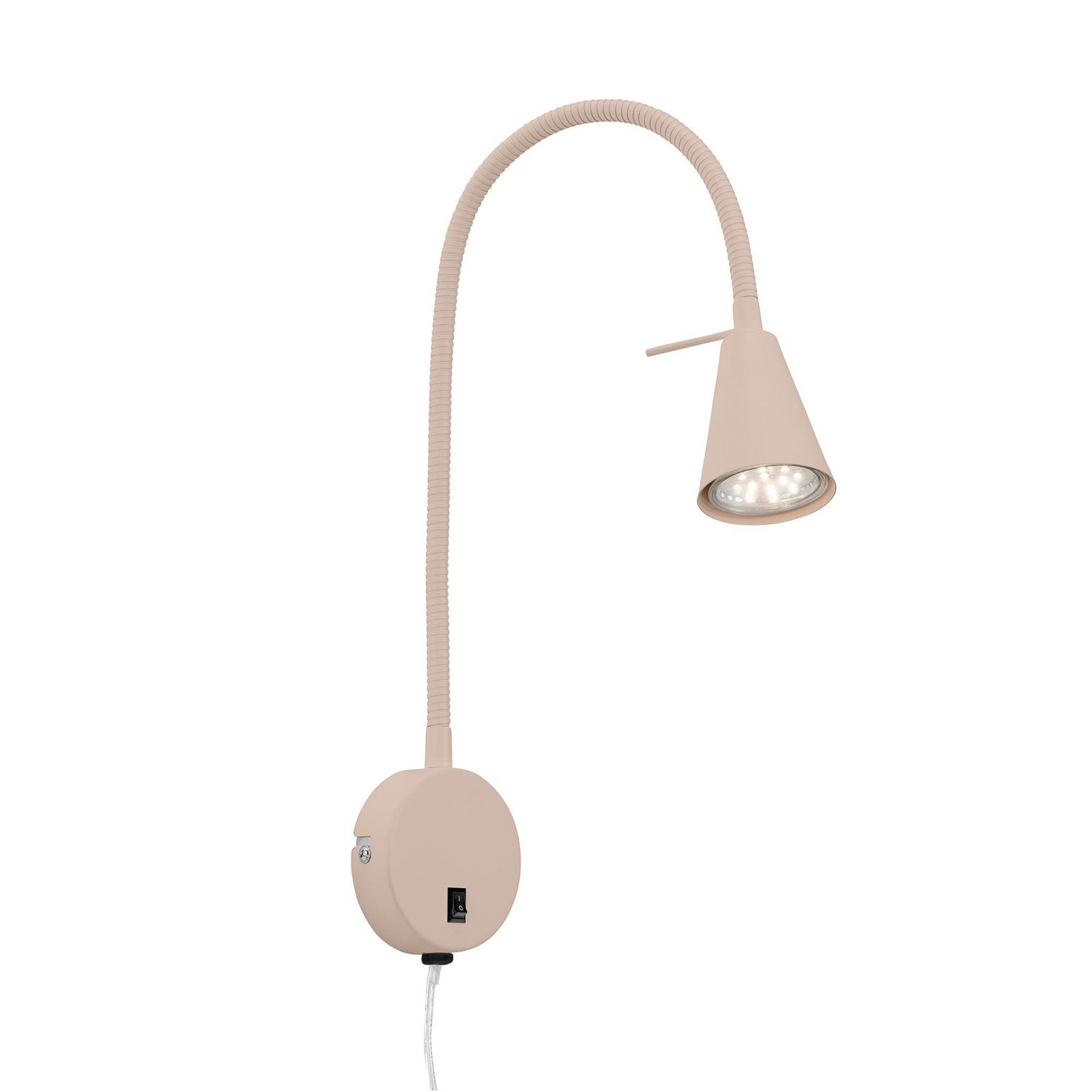 Nærbilde av bryter på LED vegglampe Tusa med fleksarm beige 45 cm GU10