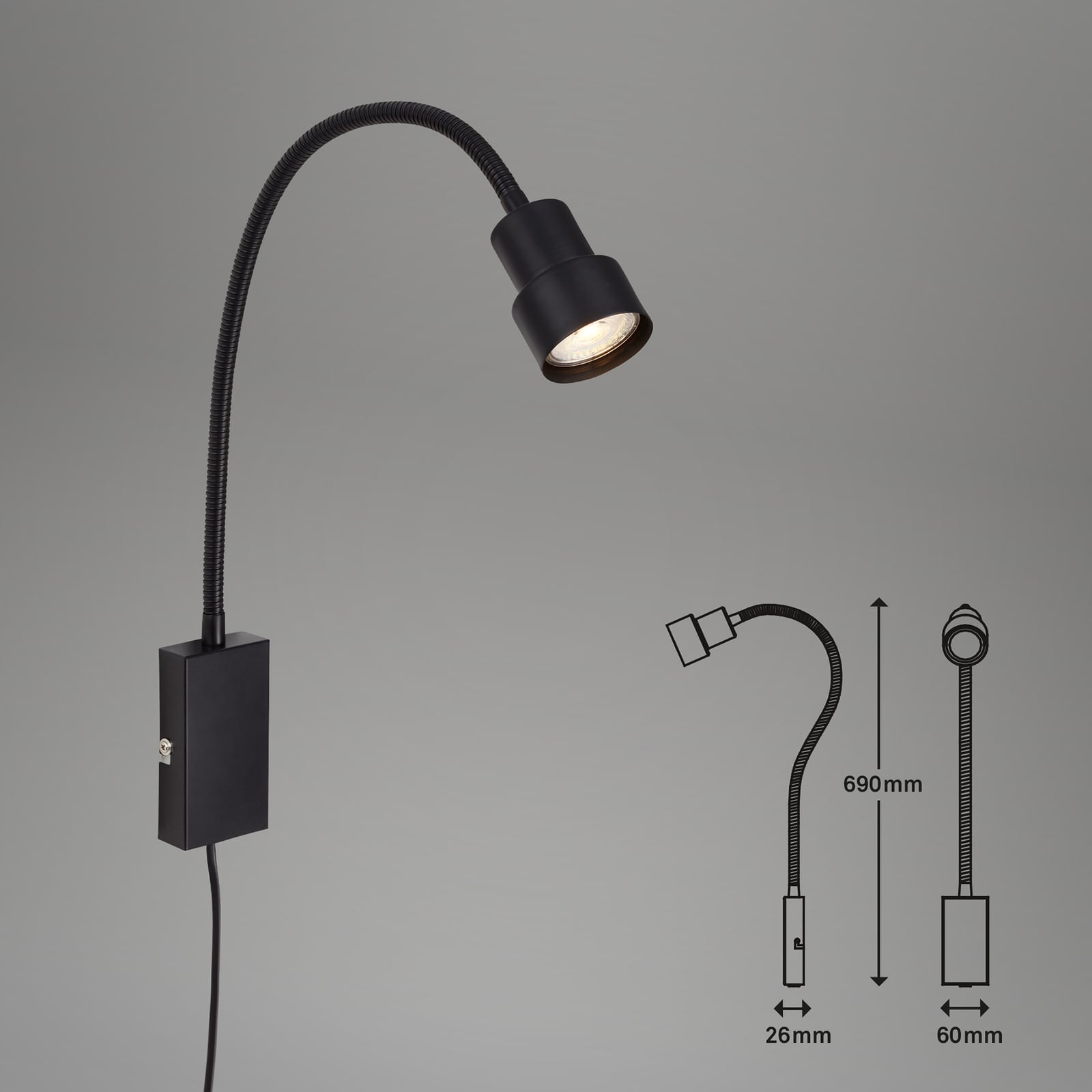 LED vegglampe Tusi med fleksarm svart GU10 nærbilde av arm