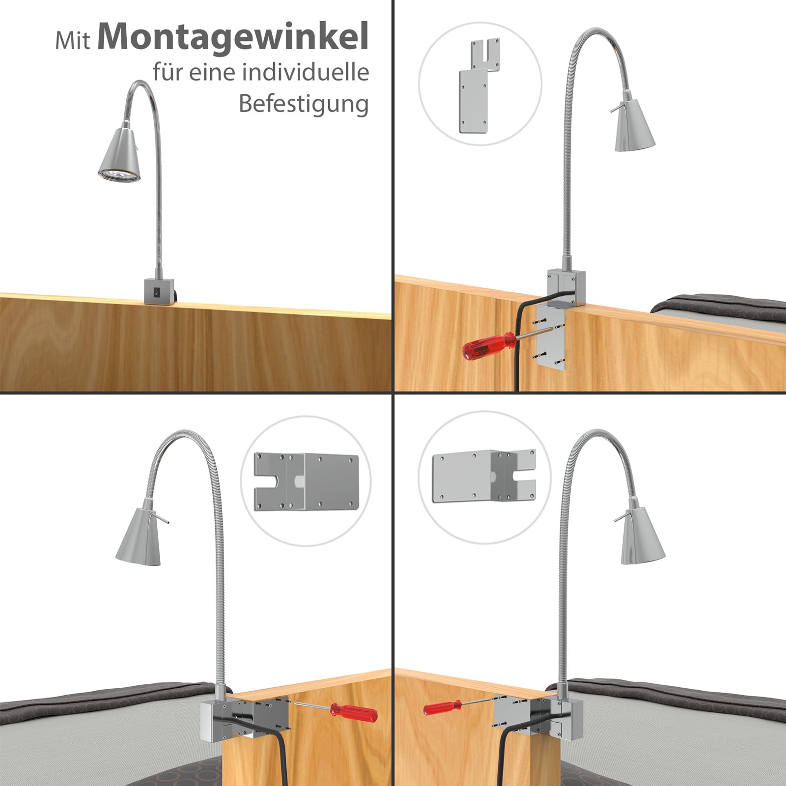 LED vegglampe Tuso med fleksarm matt nikkel montert ved seng