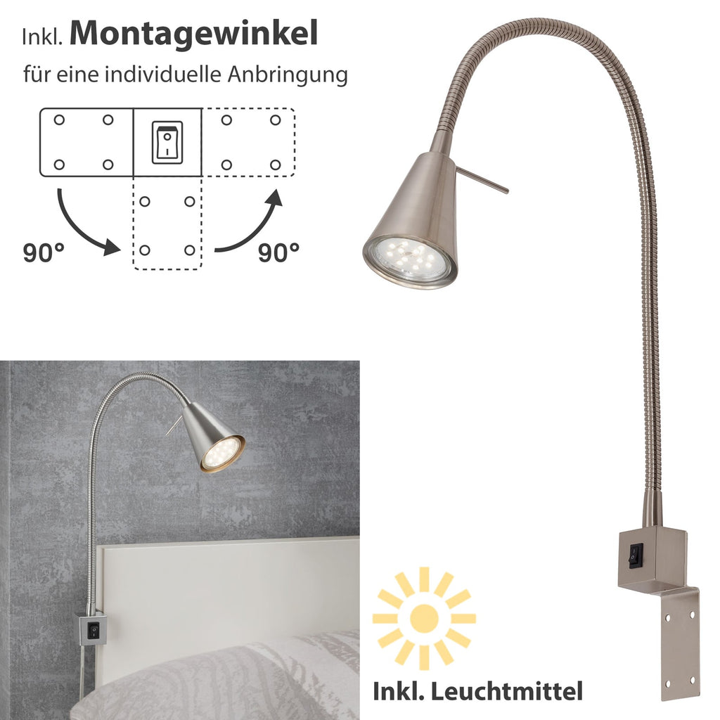 LED vegglampe Tuso med fleksarm matt nikkel nærbilde av bryter