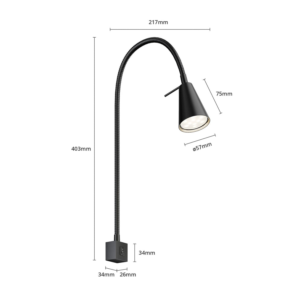 LED vegglampe Tuso med fleksarm svart metall nærbilde av bryter